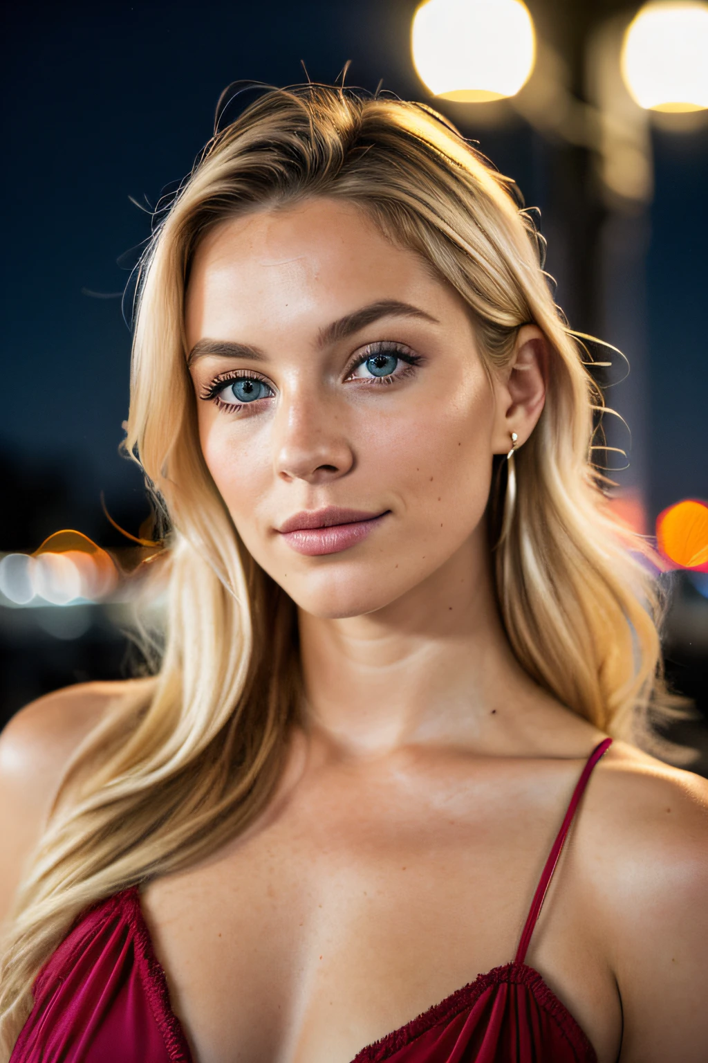 RAW uhd portrait of 24-year-old blonde close-up, Natural blonde hair, castles, Wavy, (brown-eyed woman) in the apartment, Prehistory of New York City, night starry sky, ,natutal breast, The background of the night night of the city, (Red Summer Dress), (cutout), Detailed (textures!, Hair!, brightness, Color!, imperfections:1.1), High detail of light eyes, (looking at the camera),  specular lighting, dslr, ultra quality, sharp-focus, Sharp, Depth of field, Film grain, (centered), Fujifilm XT3, Crystal clear, The center of the frame, cute face, sharp-focus, lamp post, neon lights, bokeh, (dimly lit), Low key, in night, (night  sky)