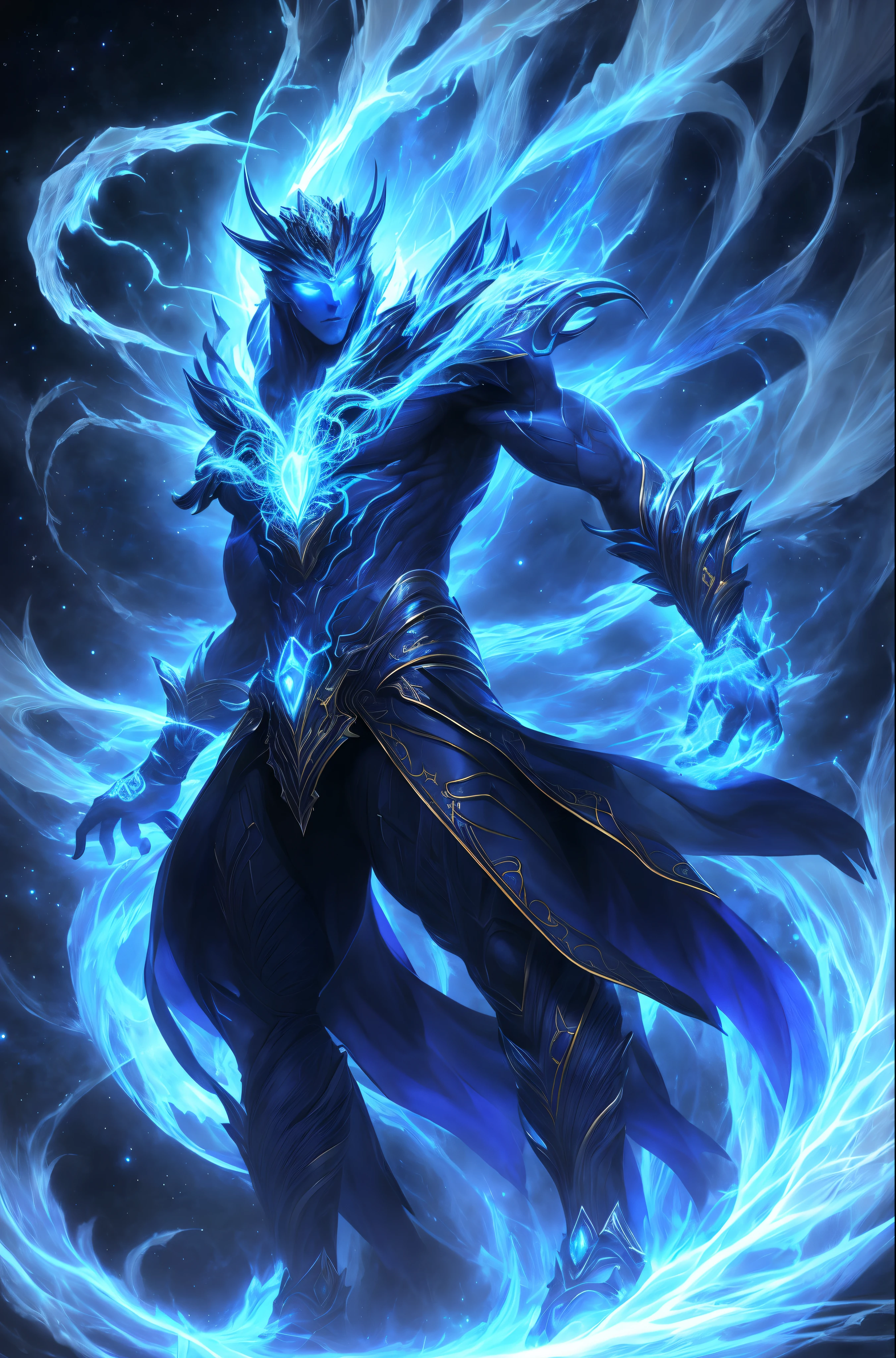 "Create an ultra-detailed, best quality, high-resolution masterpiece depicting an umbral elemental with an inhumanoid figure seeping with blue energy" perfect shadows, high quality shading, photorealistic,