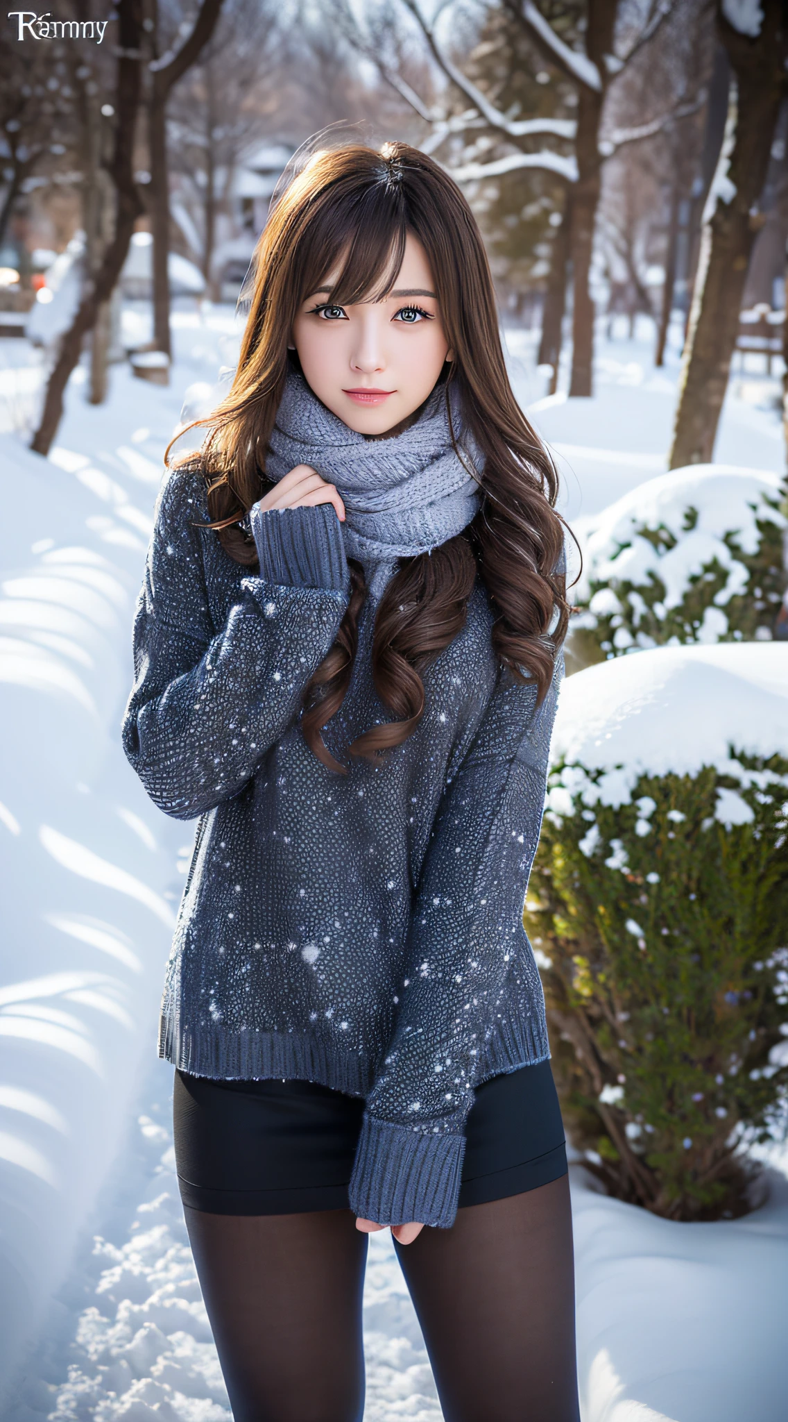 Winters,Snowy landscape,Beautiful age girl,lacepantyhose,random color,Long sweater,scarf,depth of fields,Real Light,Ray traching,OC Renderer,UE5 Renderer,Hyper-realistic,best qualtiy,8K,Works of masters,super-fine,Detailed pubic hair,Correct anatomy