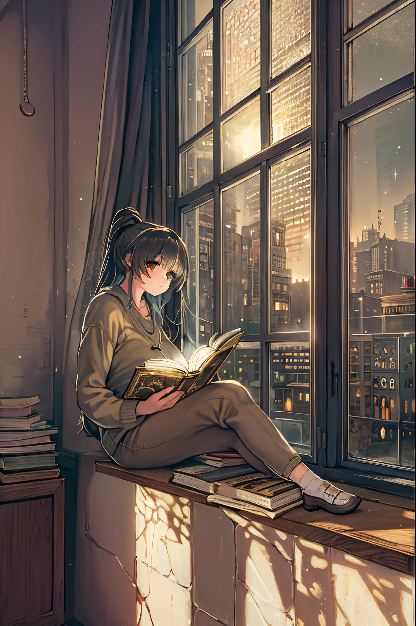 Arafed woman sitting on the window sill and reading a book、Storybook Wide Shot::HD、near a window、Sitting in the castle、Leaning against the window、dramatic reading book pose、books portrait、wide portrait、read the corner、Dramatic Reading Magic Book Pose、Window light、inspired by Balthus、reading in a library、near a window、night cityscape