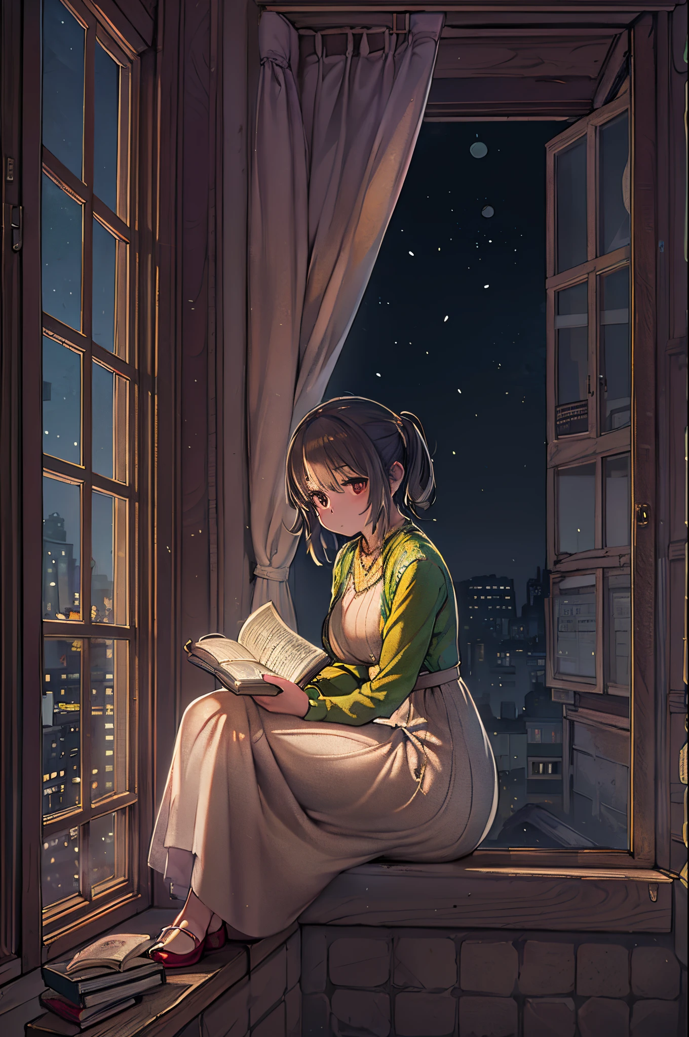 Arafed woman sitting on the window sill and reading a book、Storybook Wide Shot::HD、near a window、Sitting in the castle、Leaning against the window、dramatic reading book pose、books portrait、wide portrait、read the corner、Dramatic Reading Magic Book Pose、Window light、inspired by Balthus、reading in a library、near a window、night cityscape