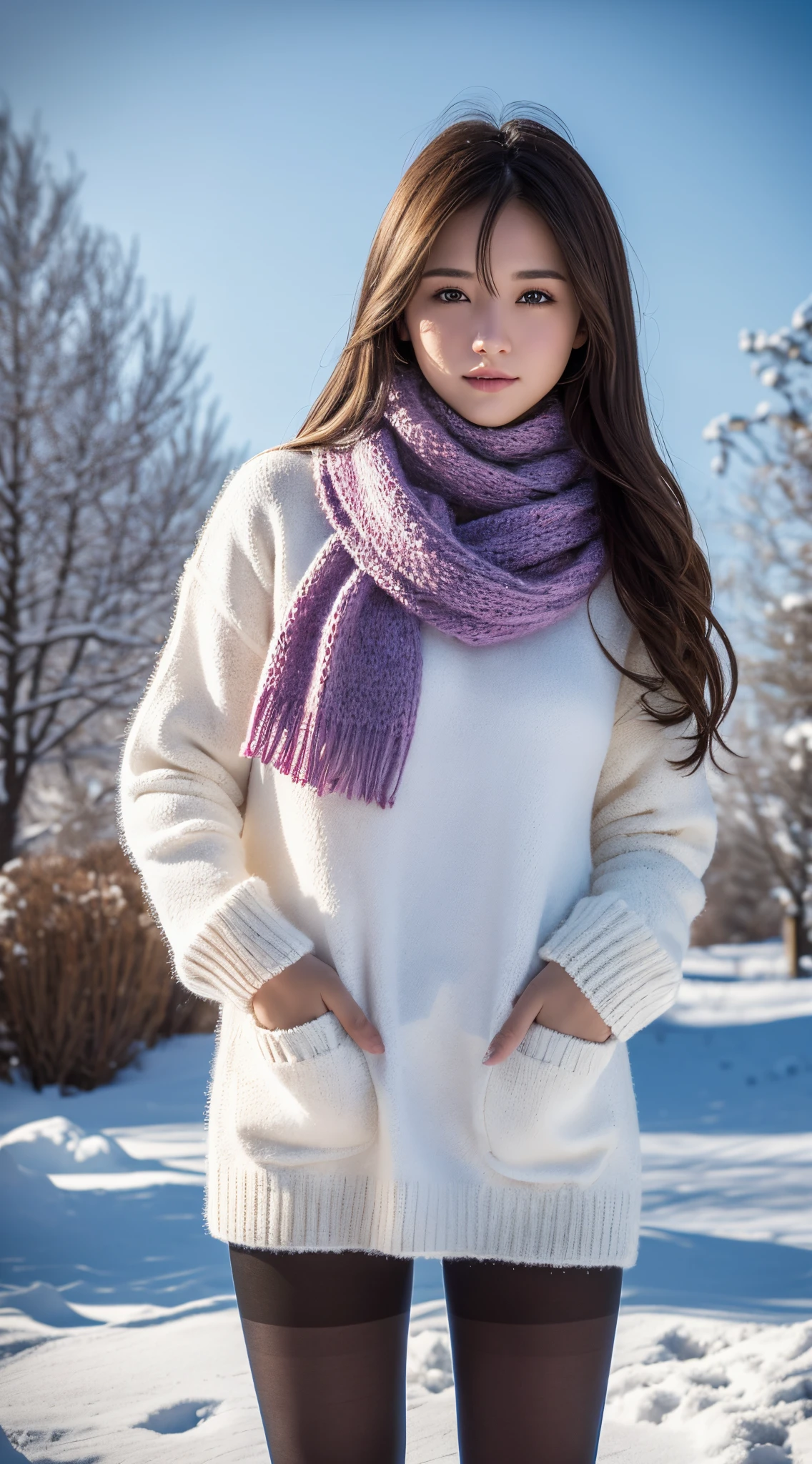 Winters,Snowy landscape,Beautiful age girl,lacepantyhose,random color,Long sweater,scarf,depth of fields,Real Light,Ray traching,OC Renderer,UE5 Renderer,Hyper-realistic,best qualtiy,8K,Works of masters,super-fine,Detailed pubic hair,Correct anatomy