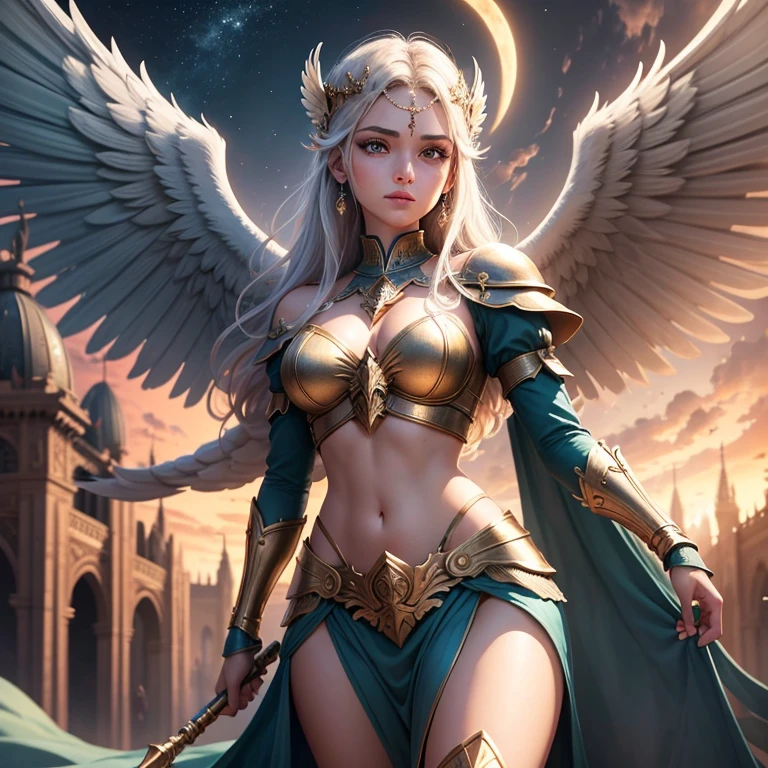 a Valkyrie, vestindo armaduras lindamente detalhadas, spreads the wings on its back and guards the palace in the moonlight;. Ela tem um rosto bonito e brilhante, olhos brilhantes. Ela usa ornamentos e armaduras elaboradas e delicadas. The palace of the gods built in the heavens. Desenhos detalhados. vivid colors. alta qualidade de imagem.