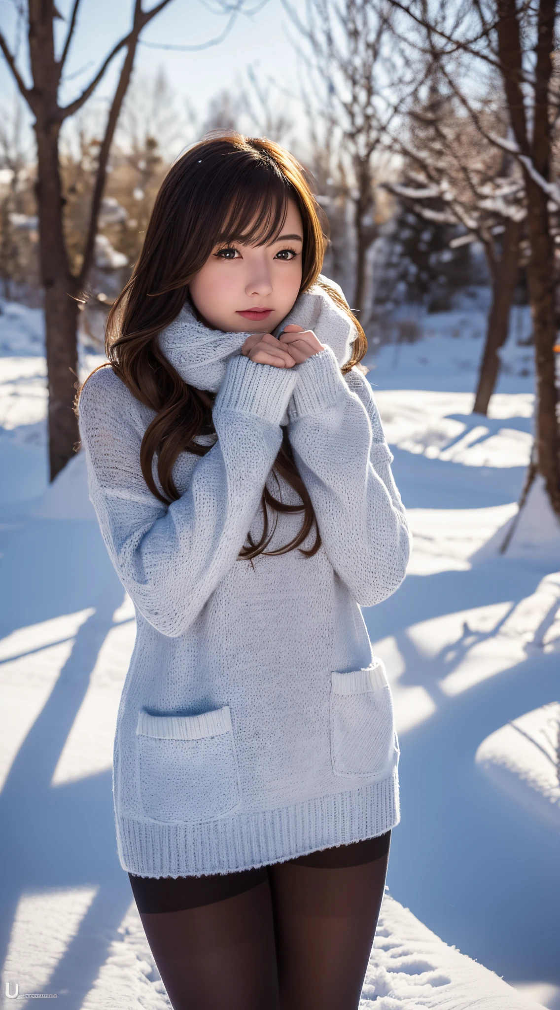 Winters，Snowy landscape，Beautiful teenage girl，lacepantyhose，random color，Long sweater，scarf，depth of fields，Real Light，Ray traching，OC Renderer，UE5 Renderer，Hyper-realistic，best qualtiy，8K，Works of masters，super-fine，Detailed pubic hair，Correct anatomy