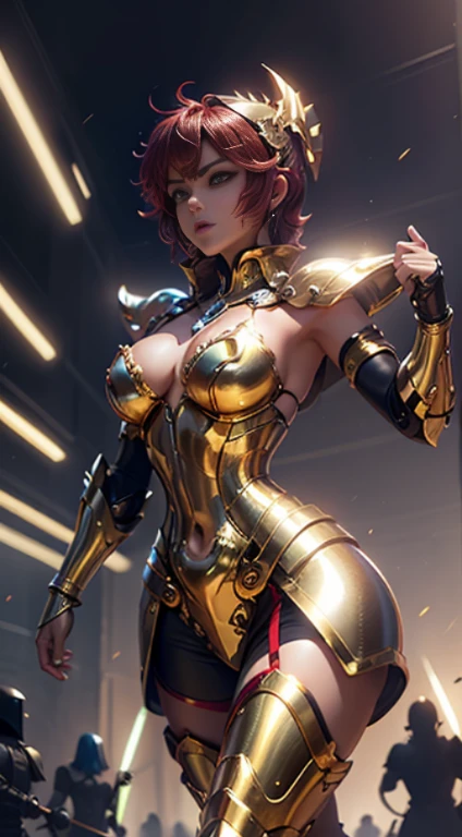 Na arena de artes marciais do Coliseu, in Greece、Torneios de Artes Marciais、Saint Seiya、 bonita、peito enorme、cabelo longos loiro, clivagem da mama、pernas de beleza、(((He wears shiny futuristic combat armor in metallic red.)))、Shiny silver chains are connected from all sides、Unbelievable number of glowing chains、Armado com correntes、((gritar))、((exclamation))、((poses de luta))、8k, qualidade superior, (beleza dos pelos pubianos)、alta resolução, force, pessoa real,