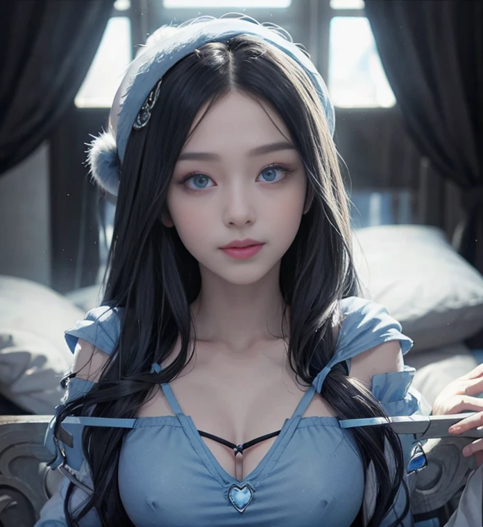 blue long hair，Nice face，Blue sling kini，Heterochromatic pupil，ssmile，apathy，Gini Coefficient，fully body photo，large hat