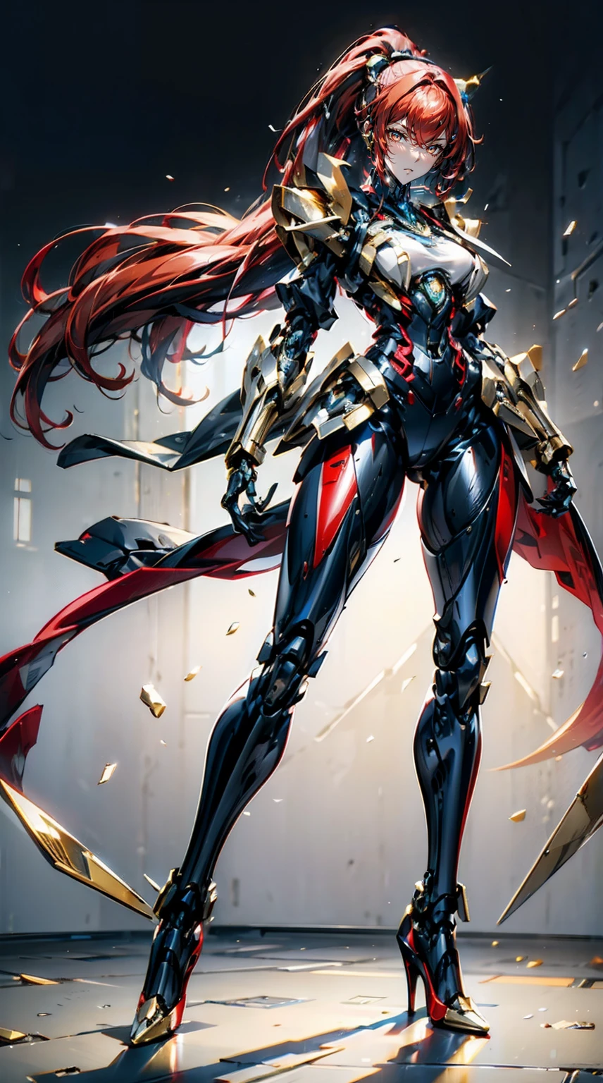 Beautiful mechanical girl,mature,,ellegance,Have temperament,((Mechanization of the whole body)),((Tall guy)),Slender robotic legs,perfect mechanical leg,Has a perfect black mechanical body,Perfect mechanics,perfect mechanical leg,Perfect mechanical properties metallic luster,high ponytails,((((red tinted hair)))),gold eyes,high-heels,Stood up,sci-fy,cyber punk personage,mirai