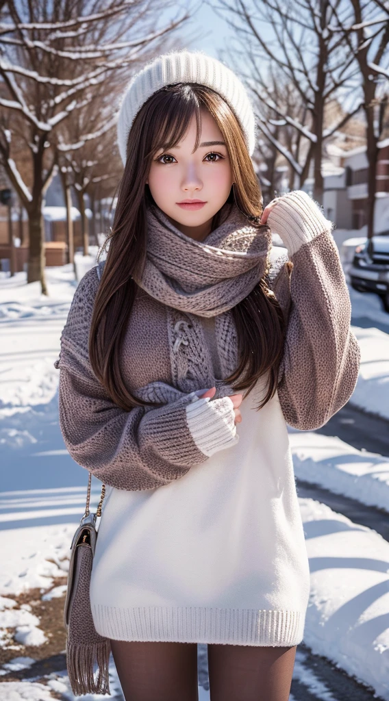 Winters,Snowy landscape,Beautiful age girl,lacepantyhose,random color,Long sweater,scarf,depth of fields,Real Light,Ray traching,OC Renderer,UE5 Renderer,Hyper-realistic,best qualtiy,8K,Works of masters,super-fine,Detailed pubic hair,Correct anatomy