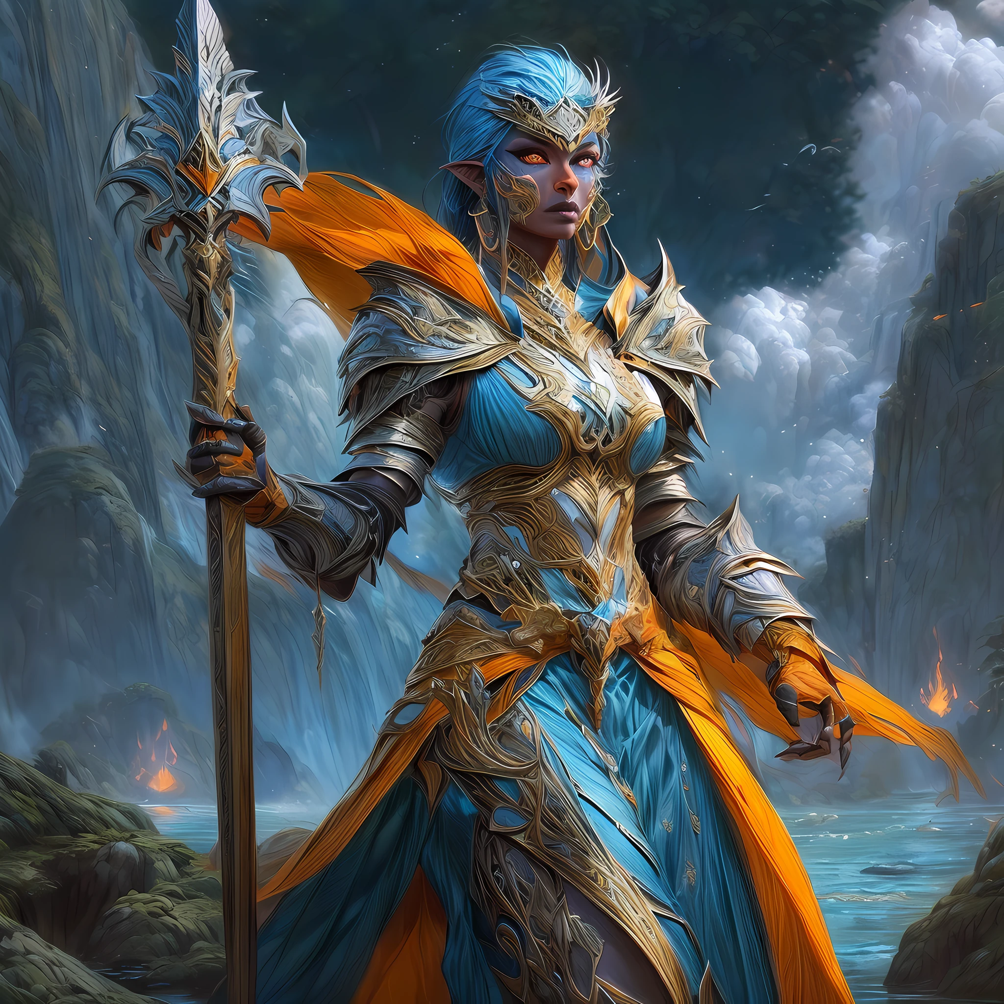 fantasy art, dnd art, RPG art, drkfntasy wide shot, (masterpiece:1.3), full body intense details, highly detailed, photorealistic, best quality, highres, portrait of a exotic race vedalken female (fantasy art, Masterpiece, best quality: 1.3) (blue colored skin: 1.3), intense details facial detail fantasy art, Masterpiece, best quality)cleric, (blue colored skin: 1.3) 1person blue_skin, (bold head: 1.4), intense green eye, fantasy art, Masterpiece, best quality) armed a fiery sword red fire, wearing heavy (white: 1.3) half plate mail armor LnF wearing high heeled laced boots, wearing an(orange :1.3) cloak within fantasy temple near river background and sun and clouds, reflection light, high details, best quality, 16k, [ultra detailed], masterpiece, best quality, (extremely detailed), dynamic angle, ultra wide shot, photorealistic, RAW, fantasy art, dnd art, fantasy art, realistic art