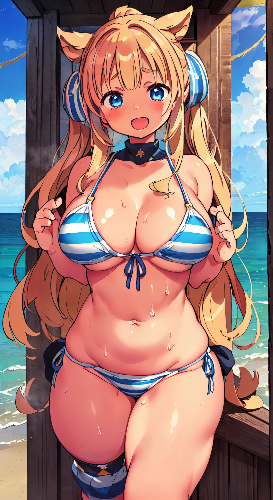 (( 1girl in)), NSFW、blush,(well-muscled)、Brown skin、Golden hair、the eyes are blue、double tooth、((big butts))、(((thick thighs)))、Sweat、:D、Long hair、((Twin-tailed))、(Light blue striped bikini)、the beach、kneeking