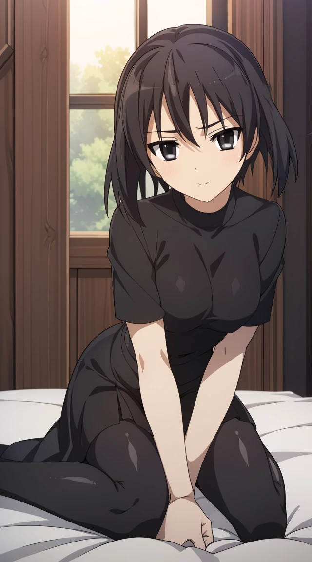 (masterpiece), best quality, expressive eyes, perfect face, kurome , black hair ,short twin ,short hair, black  eyes, medium  breasts, anime art style, official art, slightly head tilt, sexy pose,siting on bed , ((nude)),background modern bedroom on windows open, full body