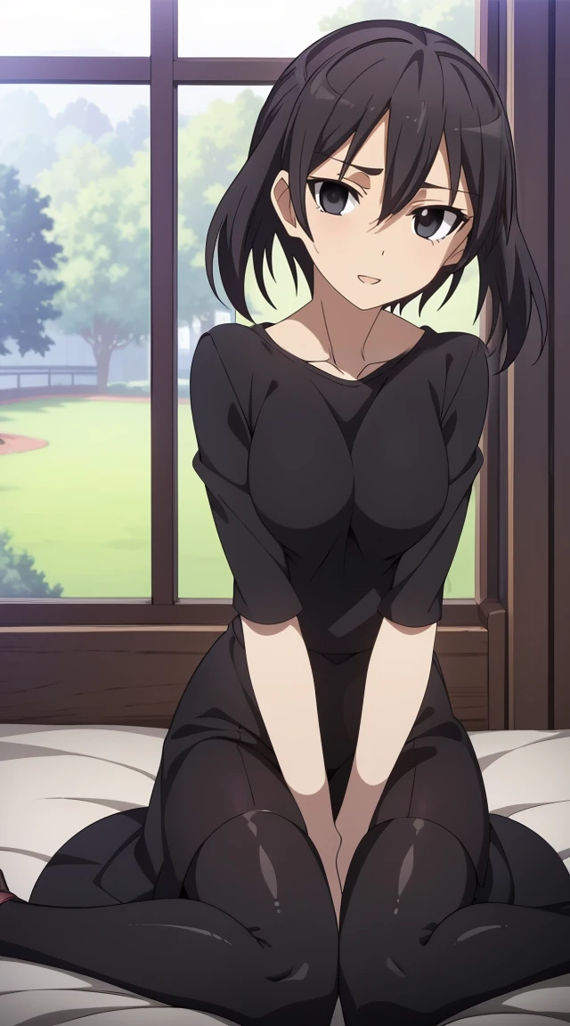 (masterpiece), best quality, expressive eyes, perfect face, kurome , black hair ,short twin ,short hair, black  eyes, medium  breasts, anime art style, official art, slightly head tilt, sexy pose,siting on bed , ((nude)),background modern bedroom on windows open, full body