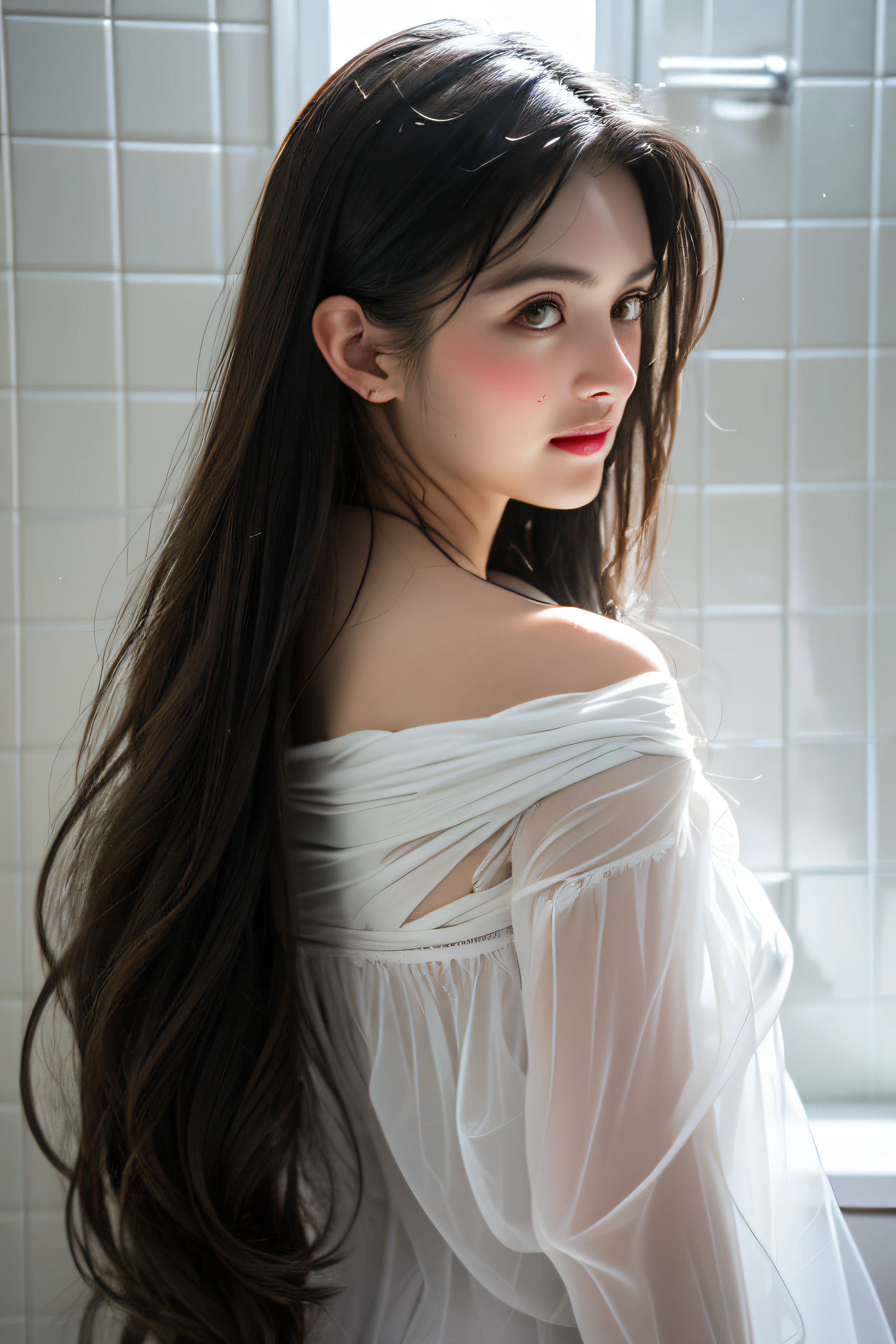 in bathroom,Wet pubic hair,Charming eyes,Heartwarming action,Turn your face away from the camera,stooped,Bend over,turn back,Look up at your head,thick long hair,Highly detailed body,Highly detailed face,best qualtiy,(Off-shoulder open-front translucent white blouse),((erection))