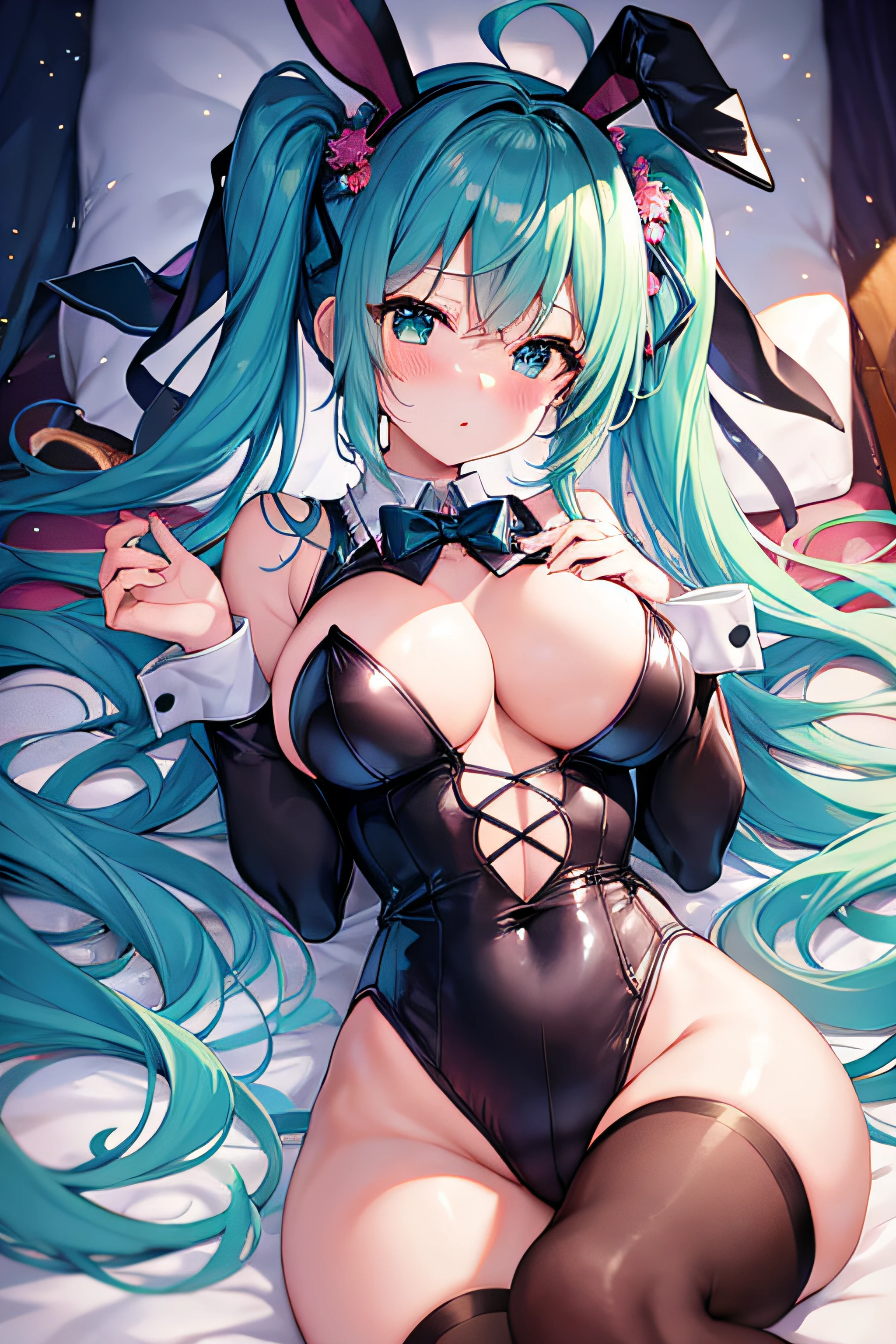 ​masterpiece、Top image quality、超A high resolution、NSFW、miku hatsune、blue hairs、Twin-tailed、Blushing、is in estrus、Bunny Girl Costume、Wearing a rabbit ear headgear、large firm breasts、well-shaped breasts、well-shaped nipples、spread your legs wide、M-shaped spread legs、Women's Tights、Lying face down in bed、Bedroom、Night