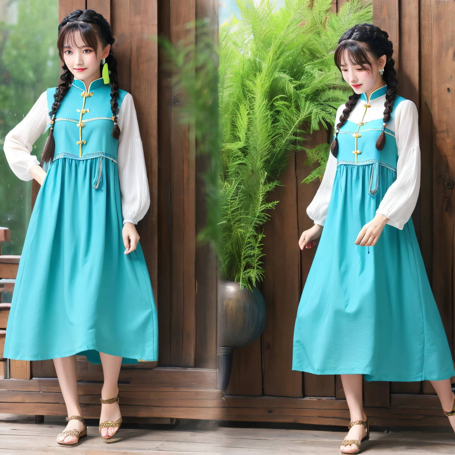 Best Quality、mongolian girl, High quality, Facing right, Mongolian clothing, blue double layer dress, Braided hair, Green hair、Standing