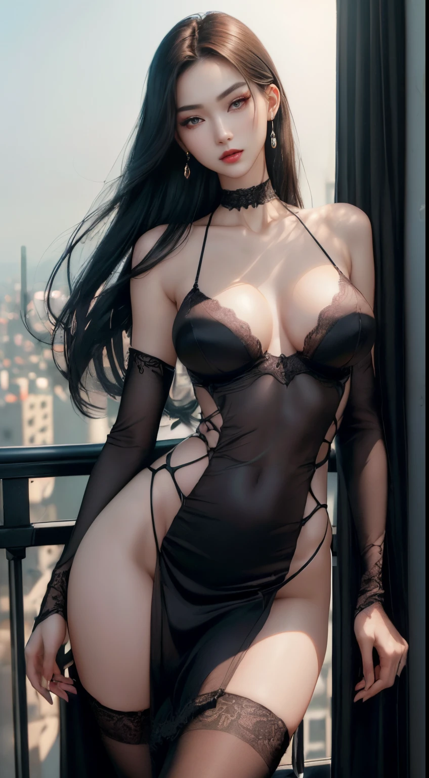 ((sexy tall korean supermodel)) ((beautiful face)) ((very pale skin)) ((red gloss lipstick)) ((very dark eyeshadows make up)) ((detailed eyes)) ((big bright light hazel eyes)) ((very long straight hair)) ((sensual lips)) ((wide hips:1.3)) ((beauty breast:1.5)) ((perfect slender body torso1.3)) ((wears transparent lace silk long dress)) ((jewelry, choker, black gloves, black stocking, earrings)) ((posing sexy on balcony, illuminating with moonlight)) ((high resolution:1.3)), (dynamic shadows)((photorealistic:1.5)) ((masterpiece:1.3)) (8k) (perfect face) ((best quality:1.4)) (perfect hands and eyes)