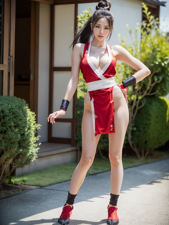 (mai shiranui:1.7), (Full body portrait:2.0), Full body, (tabi:2.0), (Realism), (masutepiece:2.0), (Best Quality), (ultra-detailliert), (8K, 4K, Convoluted), (skinny), Prestige, Brown eyes, Long hair, Brown hair, White ribbon, Sleeveless, poneyTail, sash, pelvis curtain, arm guards, mitts, fascinated expression, Sexy eyes, medium breasts, Smile, Cute, view the viewer, Long hair, Close to Japan temple, (breasts focus:1.2), (Realistic:1.2), (Full Shot: 1.2), (85 mm), light Particle, Lighting, (Highly detailed:1.2), (Detailed face:1.2), (gradients), SFV, Colorful, (Detailed eyes:1.2), (Detailed temples of Japan: 1.2),(Detailed background), (Dynamic Angle:1.2), (Dynamic Pose:1.2), (Line of action:1.2), Wide Shot, Daylight, Solo.