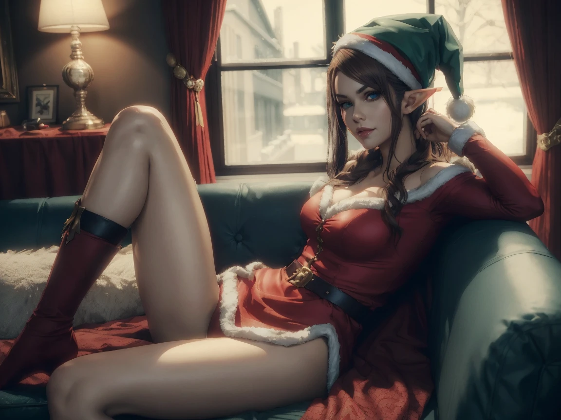 there a woman in a santa hat sitting on a bed, v from devil may cry as an elf, elf, christmas, ig model | artgerm, elf woman, captured on canon eos r 6, cammy, from league of legends, the anime woman laying, elves sitting on the couch, trending on cgstation, brown hair, blue eyes