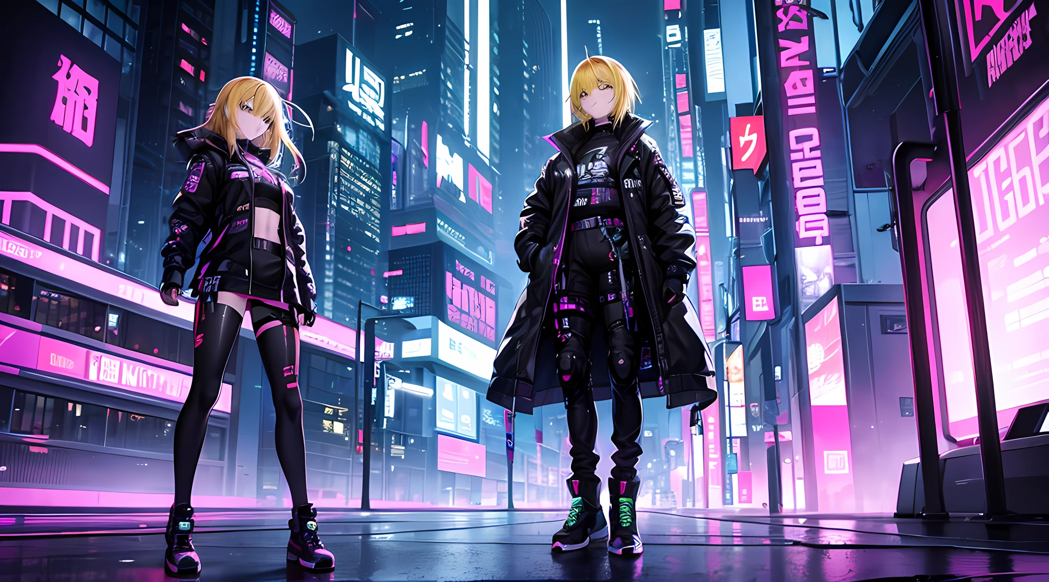 Cyberpunk Edge Runner、Lucy、Standing、a blond、Black shoes、Neon atmosphere、Medium chest