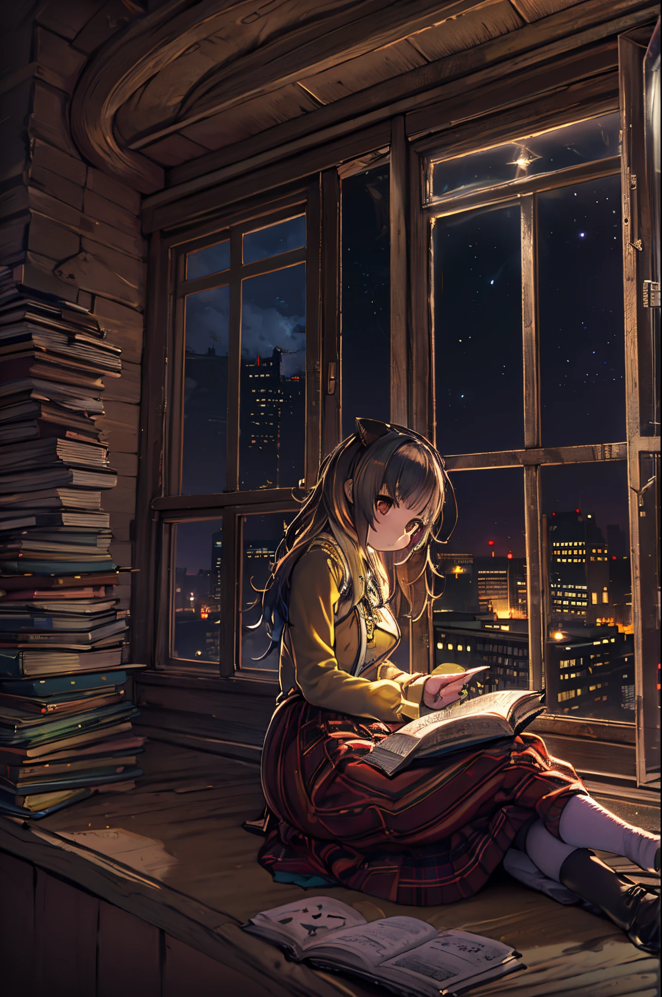 Arafed woman sitting on the window sill and reading a book、Storybook Wide Shot::HD、near a window、Sitting in the castle、Leaning against the window、dramatic reading book pose、books portrait、wide portrait、read the corner、Dramatic Reading Magic Book Pose、Window light、inspired by Balthus、reading in a library、near a window、night cityscape、fantastic light at night