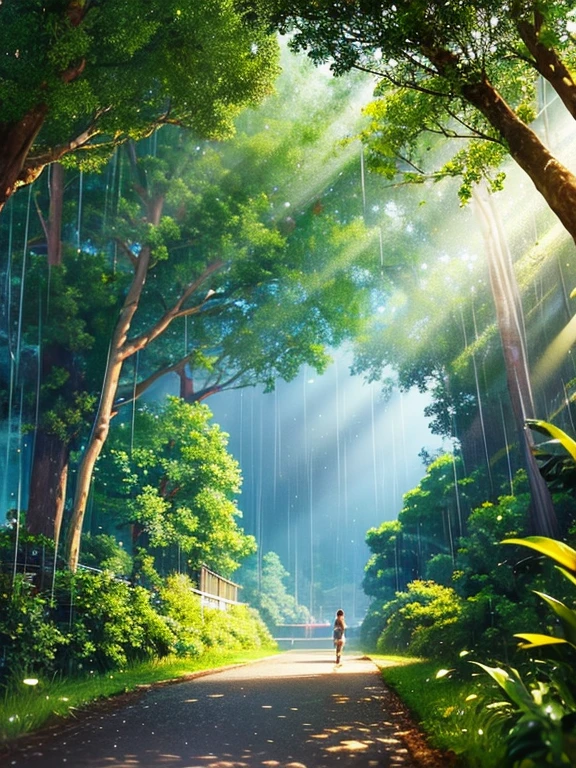 Create a Disney-style 3D illustration of a road in the rain in the Amazon rainforest where the occurred. Emphasis on realism and attention to detail in the environment, Including the texture of falling leaves, Rainforest landscape, and the soft illumination of the sun,A shallow rainbow. Make the scene look immersive,spellbinding, a highschool male student walking on the road.