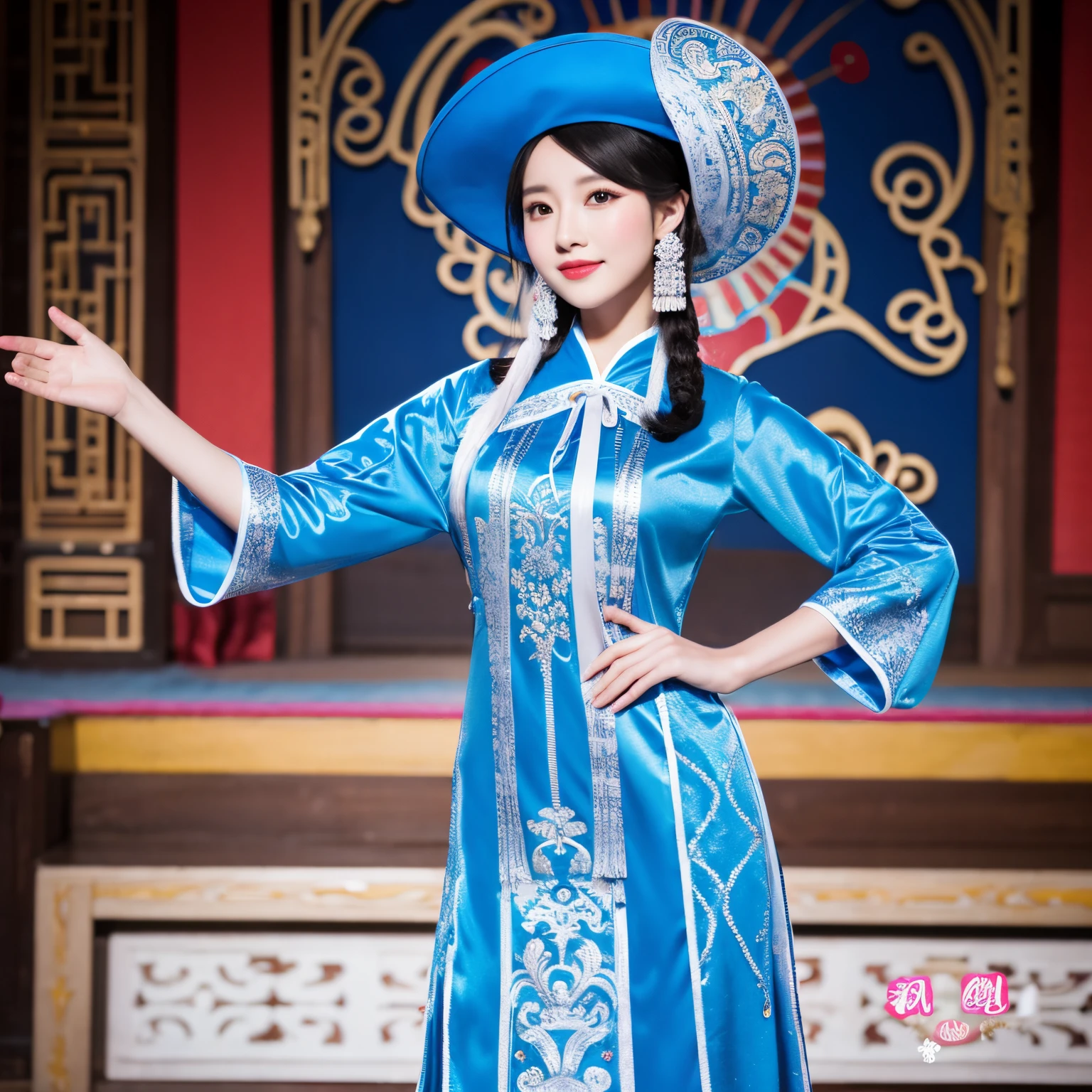 Best Quality、Hand drawn illustration, Chinese style illustration, Woman posing in blue dress and hat, Round hat with silver decorations on the hat, About traditional costumes, Traditional costumes, traditional mongolian costume, traditional mongolian costume, minority, Traditional costumes, Authentic costumes, high quality stage costumes, classic patterns, High quality costumes, wearing ancient Chinese costume, Ethnic, wearing real clothes, Inspired by Daixi