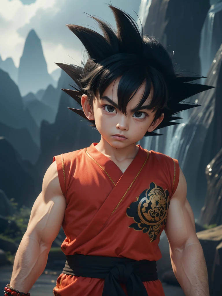 masterpiece, best quality), intricate detail, 8k, art station, wallpaper, official art, splash art, storm in the background, sharp focus, 1boy, (photorealistic:1.2) (bokeh) (best quality) (detail skin:1.3) (intricate detail) (8k) (detailed eyes) (sharp focus)Little Son Goku , monkey tail ,red shirt, battle damage, black hair, red sash, black eyes, male focus, muscular, muscular man, solo, spiked hair , bracelet,