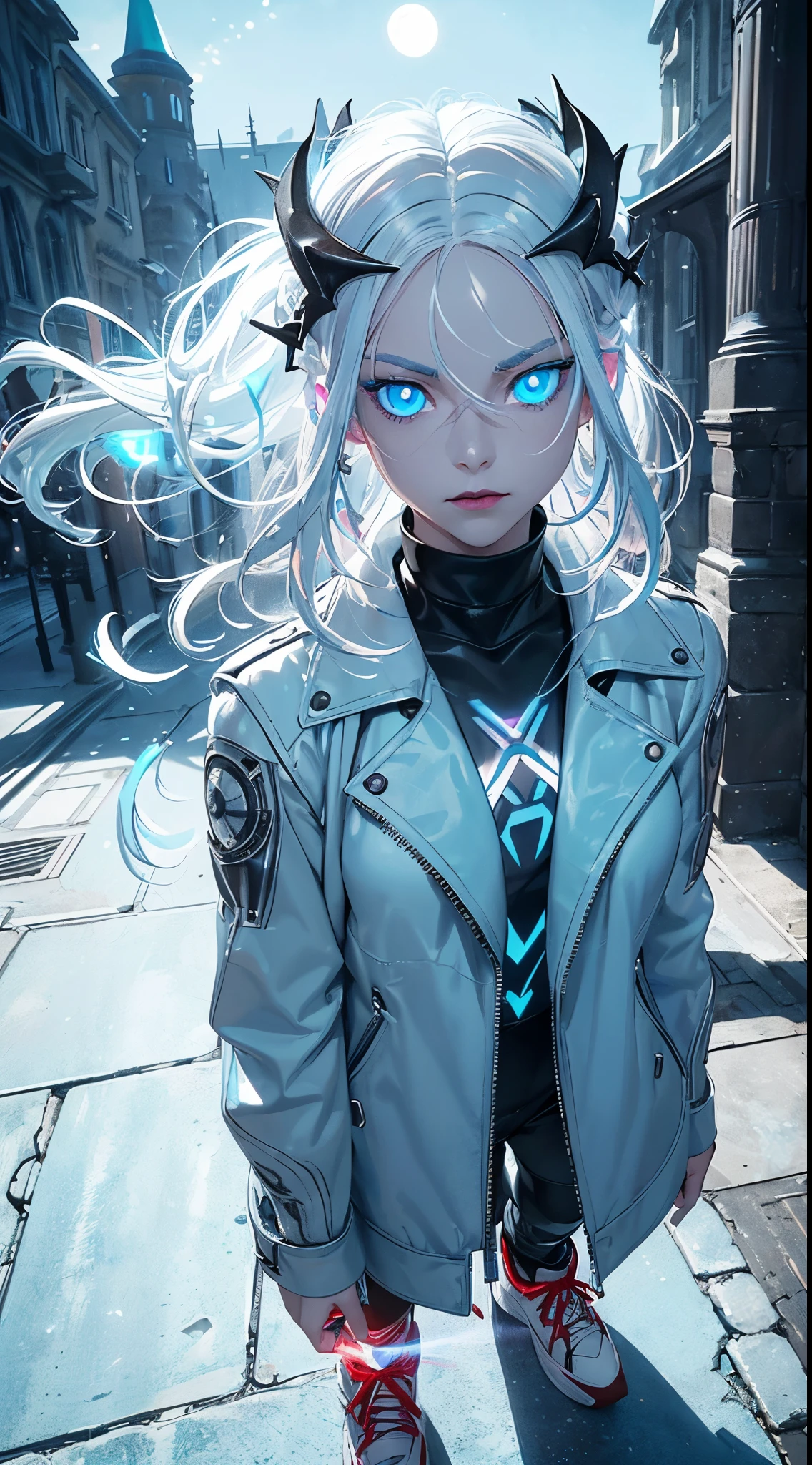 (Sci-fi fantasy), (Masterpiece), (professional oil painting) (best quality), (8k resolution), (1girl), ((vampire girl)), ((snow white gray skin)), ((white blood)), ((wearing black leather jacket)), ((wearing black leather pants)), ((wearing a wreath of thorn on the head)), ((wearing black turtleneck underneath), ((red lipstick)), ((red sneakers)), (concept art), small chest, (long hair), (messy hair), (white hair), (iron gray hair), ((glowing light blue eyes:1.5)), detailed face, detailed lips, detailed nose, detailed eyes, walking, go to the viewer, ((moonlight of the night))