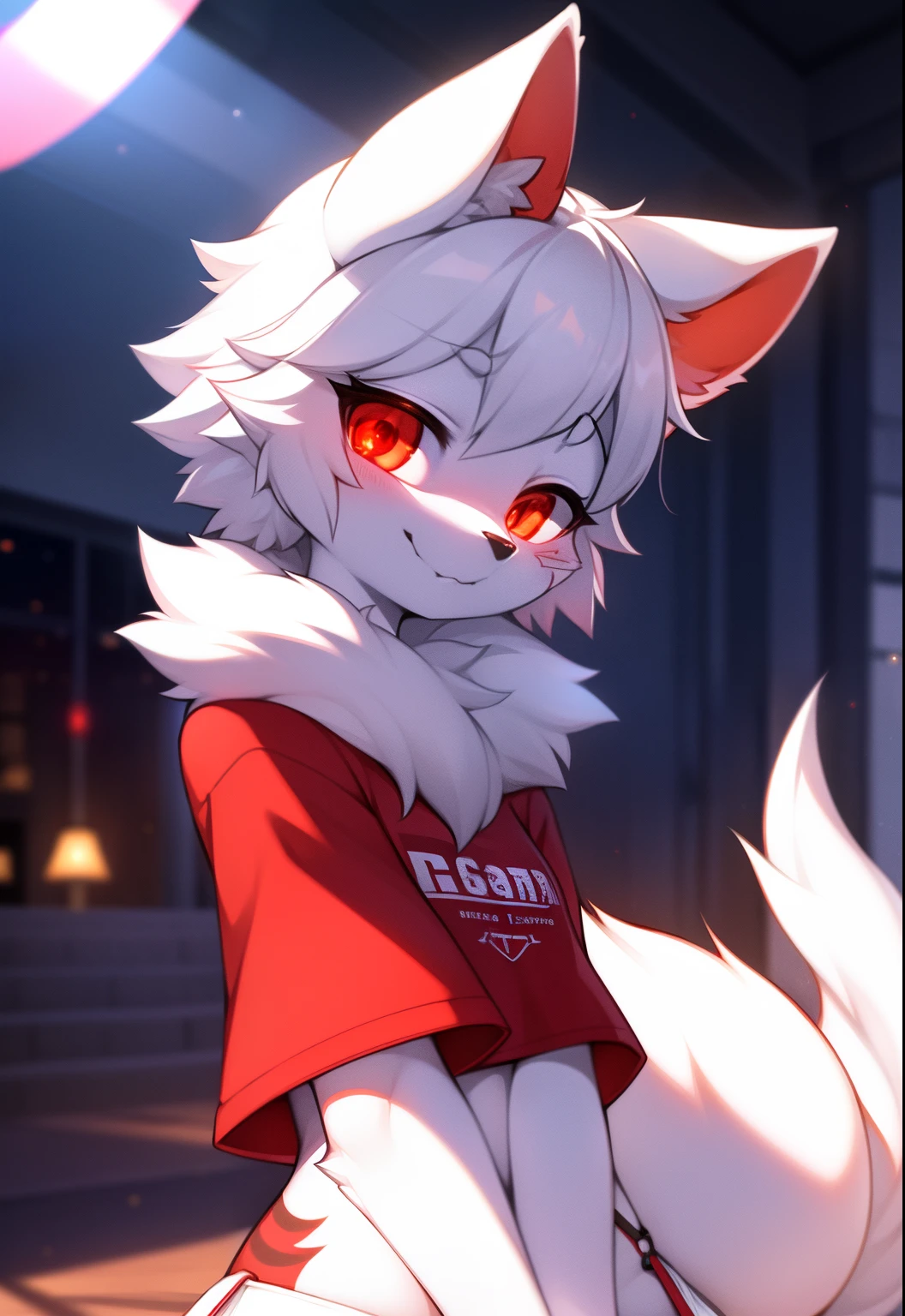 furry, white fur, ultra cute face, red elements on fur, glowing t-shrt, beautiful lights and shadows, ambient light, ultra detailed fur, volumetric light