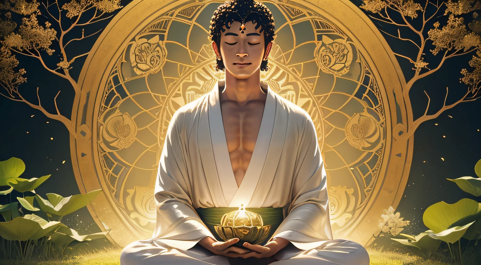 illustrate:
godama buddha、White attire、Smiling、A detailed face、A detailed eye、Surrounded by nature、Sunlight、Fantastic tree々in the landscape of、Human-like、Buddha stands in the center of the crowd、
Visual elements:
Gautama Buddha with his unique robe and aura of enlightenment.
young man in modest clothes, fully immersed in the teachings.
Green grass々linden tree with curly leaves, have a calm tone.
quietness, A background inspired by warm nature, golden colors.
Subtle symbols of enlightenment and meditation (shining lotus, Complex mandalas, etc.) Add visual interest and spiritual symbolism.
The soft glow and aura that surrounds Gautama Buddha、emphasize his spiritual presence。.