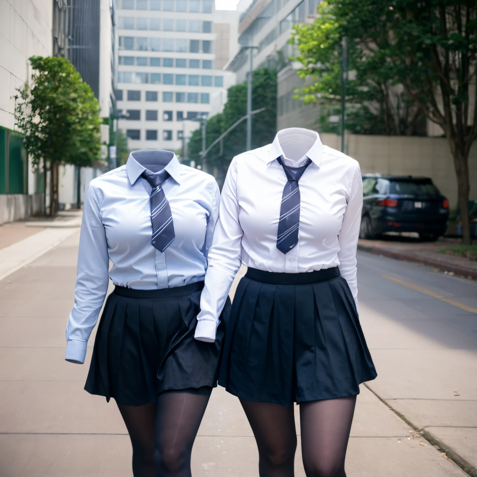 (chubby, fat), (two girls love each other), long sleeve, white shirts, black tights, blue stripe tie, dark grey skirt, school tie, in winter, (cute pose), (invisible, no humans, headless, faceless:1.5), (cute big breasts), (close-up shot of breasts), (8k, RAW photo, best quality, masterpiece:1.2), (realistic, photo-realistic:1.37), photon mapping, radiosity, ((Hasselblad photography)), physically-based rendering