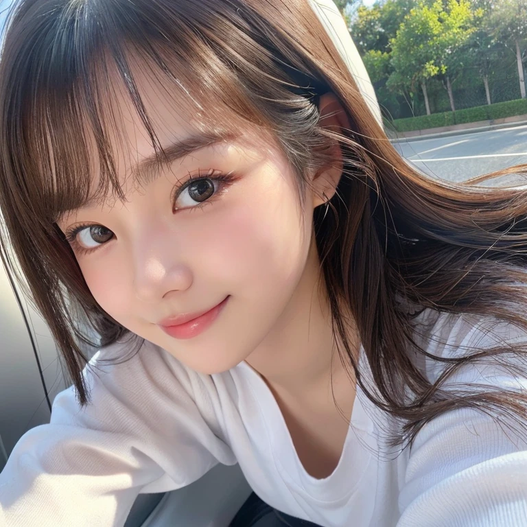 (masuter piece、hight resolution、hiquality、ultra-detailliert、realisitic、photo-like)、Cute 19 year old girl wearing a jeeper with exposed nipples、Plump lips、Duck mouth、Clear eyes、Clear eyes、Clear eyes、Smile、D cup milk