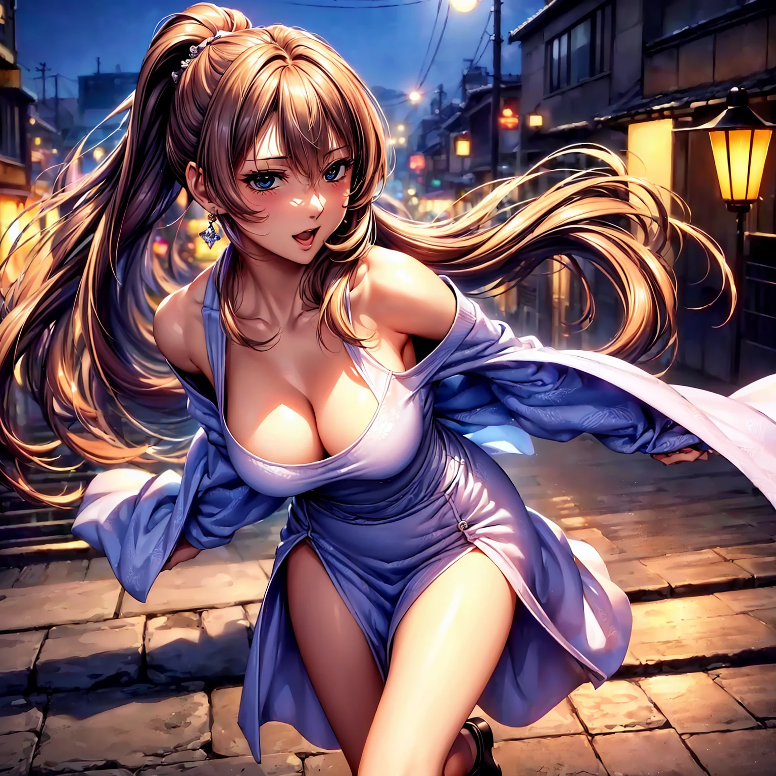 (((Best Quality、top-quality、masterpiece、very high res、An ultra-high picture quality、Perfect Pixel 1.5))), (((,A woman of perfect and ultimate beauty, Single,brown hair in a ponytail,Beautuful Women))), (kawaii faces、Well-formed contours、Japan Hairstyles、Variety of hairstyles、Perfect Style、beauty legs)、(((wearing sweater、Wear a long stall、Long stalls unfold radially、shoulders are exposed、Excellent fashion sense、1.2)))、((E Cup Breast)), ((Strong-willed eyes:1.4, rounded eyes, Beautiful eyelashes, Realistic eyes)), ((Detailed face, Blushing:1.2)), ((realistic skin textures,Realistic texture, Photorealsitic:1.1, Anime CG style, vivd colour、Default Skin)),((Dynamic Pose, Portrait、Dynamic Angle, Perfect body,Full body)), Smile, Open mouth、On the bridge at night、Street lights will turn on、nightcity、The wind is blowing、night view from the bridge、beautiful night scene、beautiful anime woman, Beautiful Art Style, an animated character、The whole picture、Detailed picture、accurate anatomy、Defect-free images、natural soft light、beautiful image、extremely detailed picture、(Best Shot 1.2)