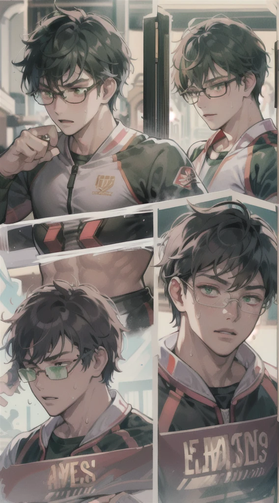 season winter, in a sports clothing, soro black short hair yang man, green eyes, glasses, Athletic Body, it's training, in the gym, sweaty body, serious face, fight, masterpiece, beautiful detailed grow.