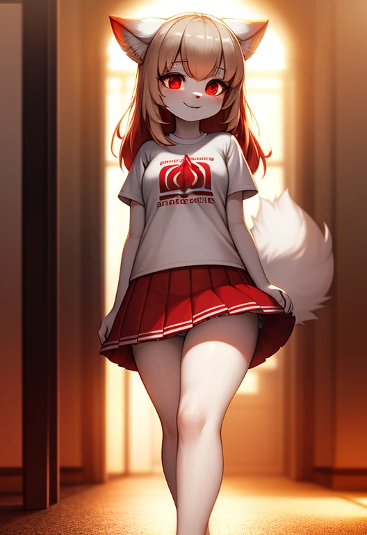 A fluffy, white fur, Very nice face, Red elements on fur, Glowing T-shirt, upskirt, full length,  Beautiful light and shadows, Ambient light, Ultra detailed fur, surround light