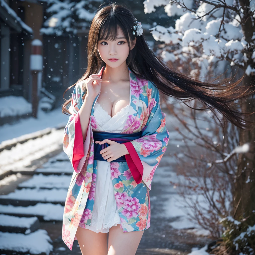 (Kimono)、(top-quality,masterpiece:1.3,超A high resolution),(ultra-detailliert,Caustics),(Photorealsitic:1.4,RAW shooting,)Ultra-realistic capture,A highly detailed,high-definition16Kfor human skin、 Natural skin texture、、The skin looks healthy with an even tone、 Use natural light and color,One Woman,japanes,kawaii,Beautie、A dark-haired,Very big big、Middle hair,(depth of fields、chromatic abberation、、Wide range of lighting、Natural Shading、)、(Falling snow:1.2)、(Hair swaying in the wind:1.2)、(Snow reflects light:1.1)、Cleavage can be seen through the exposed kimono、Legs visible through exposed kimono(Colorful garter belt)、pantie shot