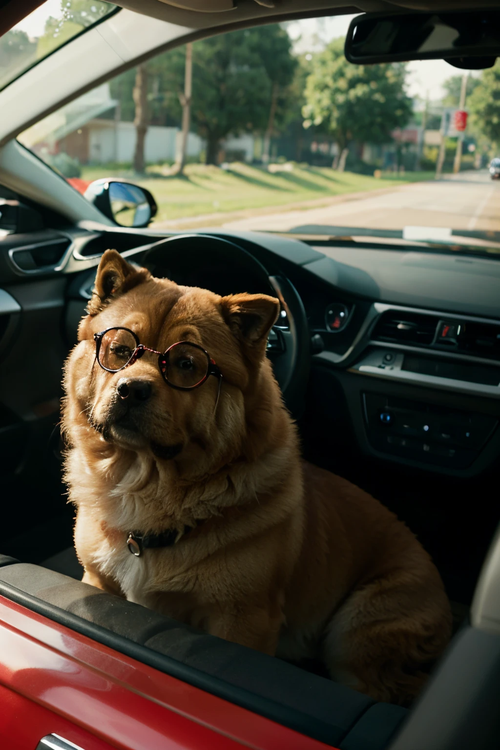 a chow chow dog wearing eyeglasses driving a red sports car
