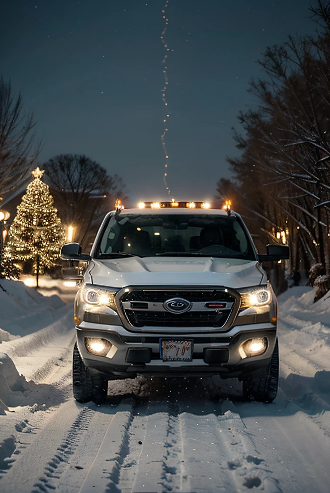 Em uma cena encantadora, a sturdy pickup truck moves determinedly along a snow-covered road, seus pneus deixando uma trilha marcante no branco imaculado. Decorada com luzes cintilantes e ornamentos festivos, the truck pulls a sleigh splendidly loaded with colorful and beautifully packaged gifts. Snow falls gently from the sky, adding a magical touch to the Christmas atmosphere. As the truck advances, the headlights shine like stars, guiando o caminho pela paisagem de inverno. Esta imagem captura a magia da temporada, conveying the joy and generosity that fill the heart during the holiday season