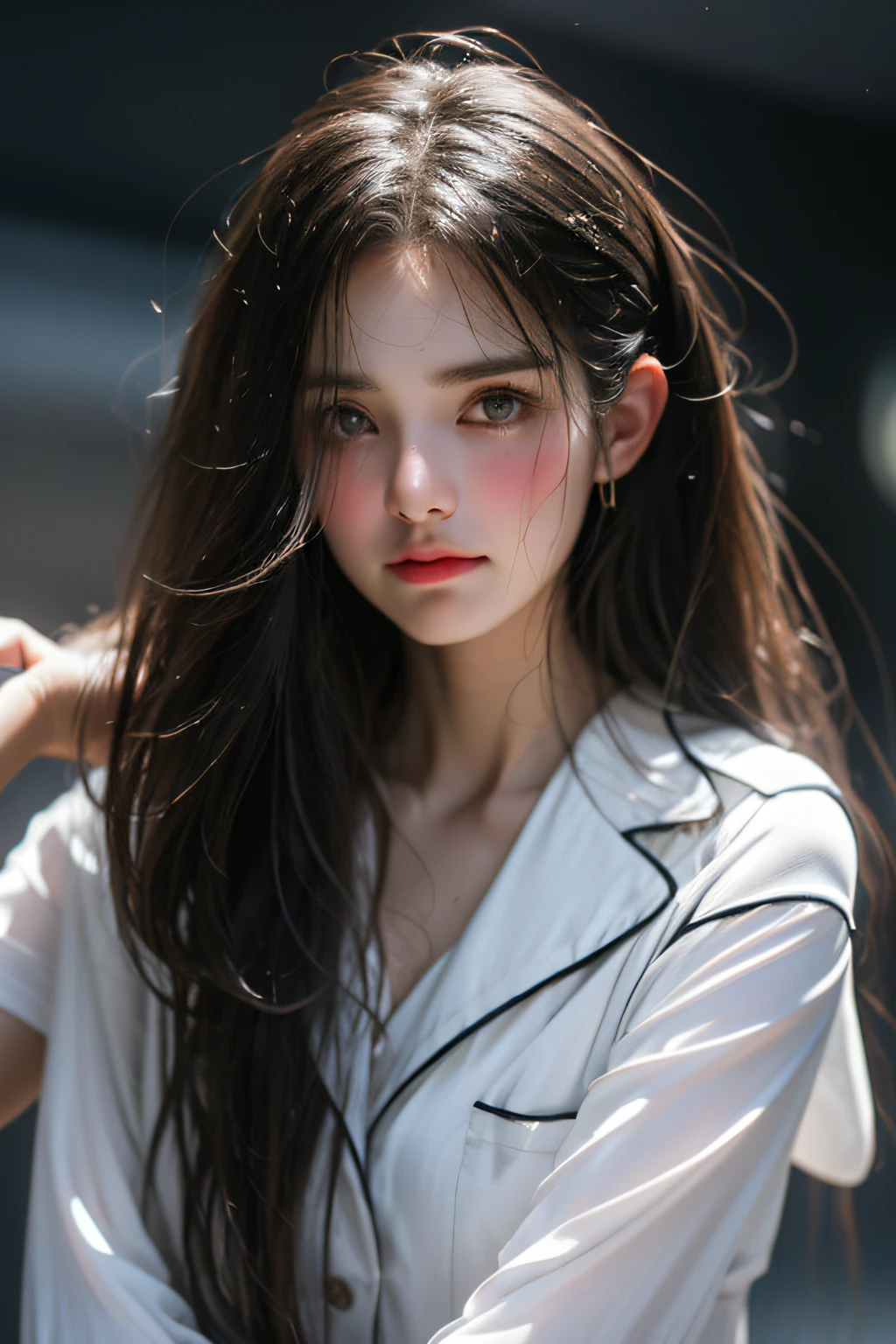 in bathroom,Wet pubic hair,Charming eyes,Heartwarming action,Turn your face away from the camera,stooped,Bend over,turn back,Look up at your head,transparent silk pajamas ,thick long hair,Highly detailed body,Highly detailed face,best qualtiy,