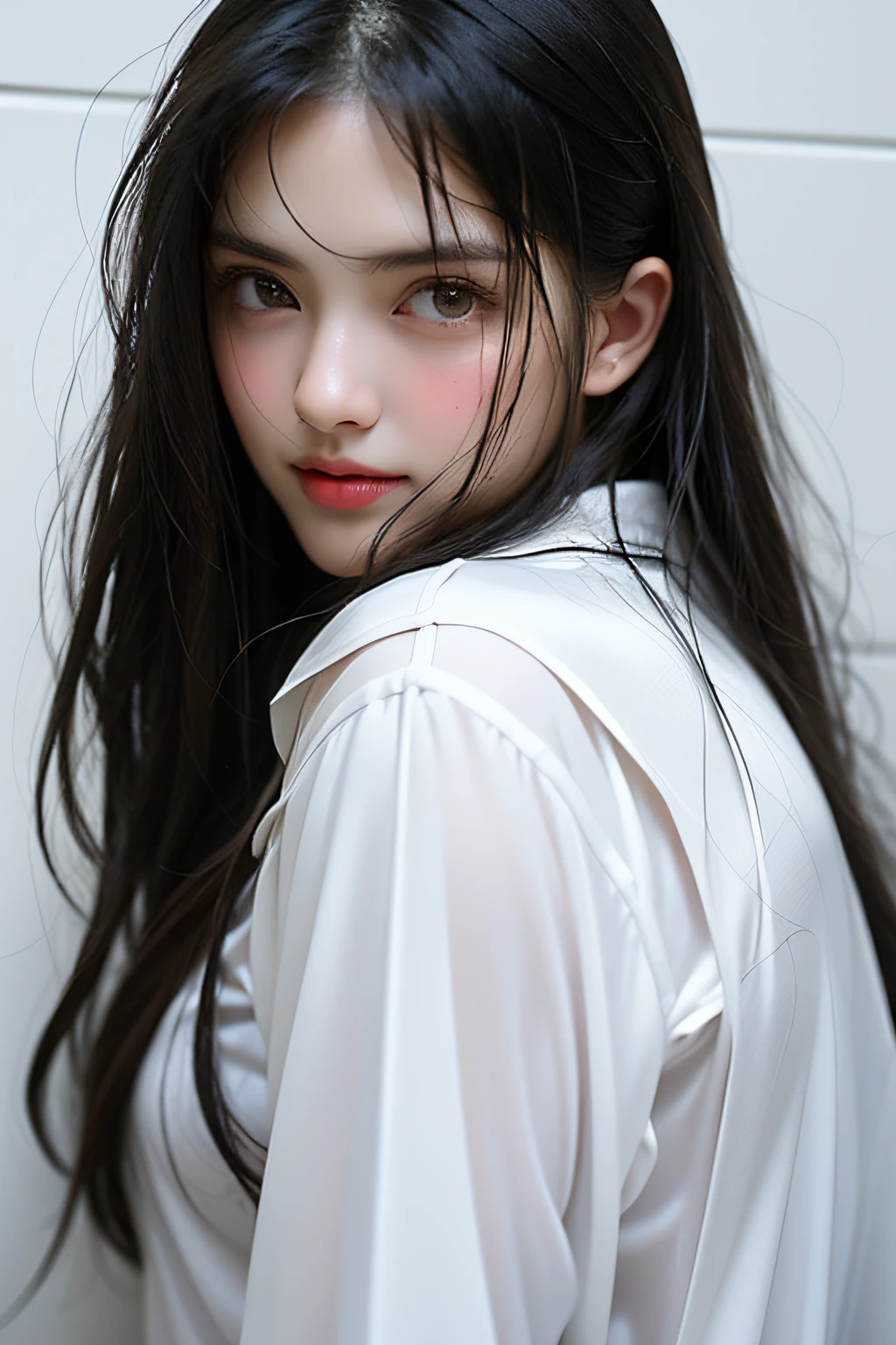 in bathroom,Wet pubic hair,Charming eyes,Heartwarming action,Turn your face away from the camera,stooped,Bend over,turn back,Look up at your head,transparent silk pajamas ,thick long hair,Highly detailed body,Highly detailed face,best qualtiy,