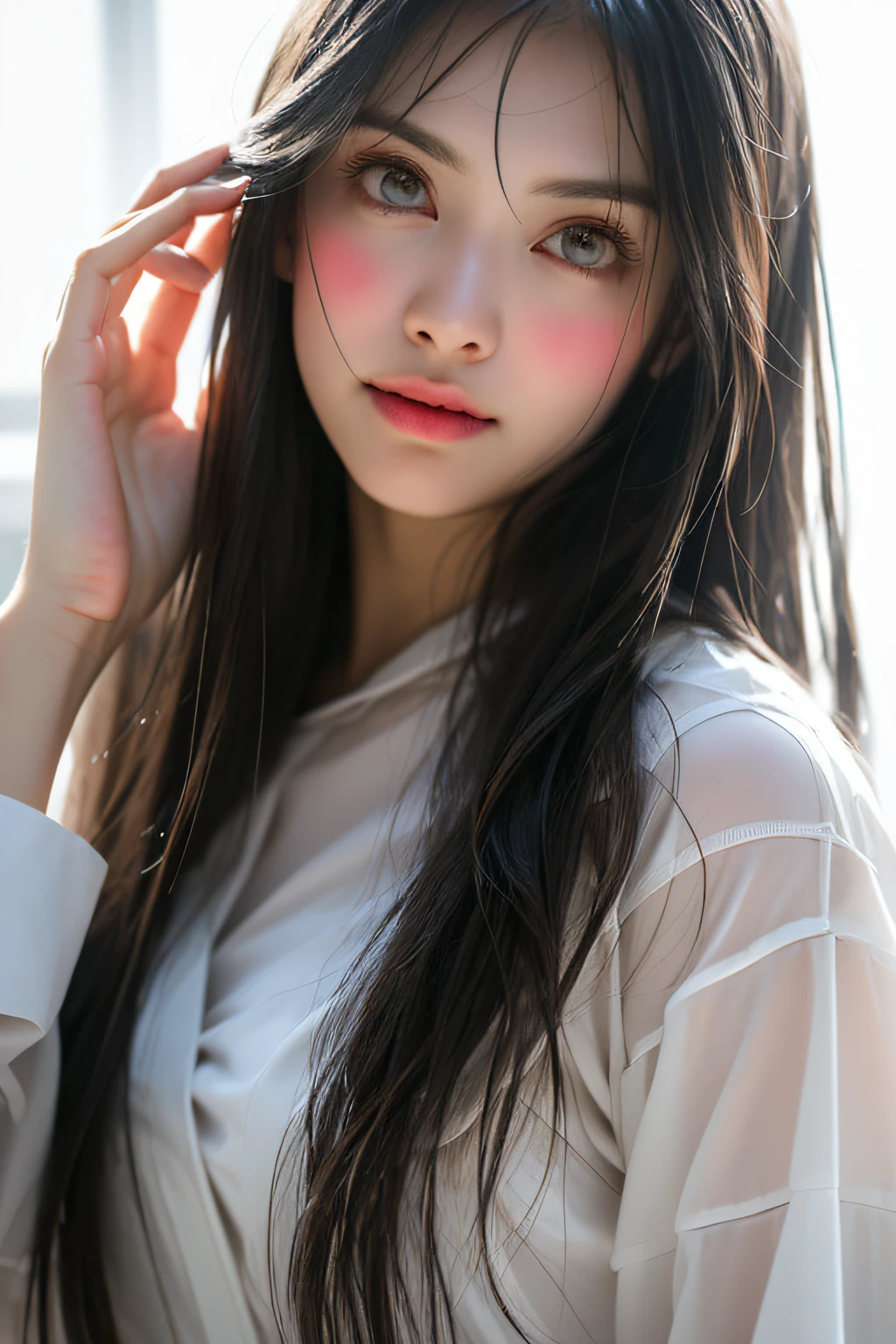 in bathroom,Wet pubic hair,Charming eyes,Heartwarming action,Turn your face away from the camera,stooped,Bend over,turn back,Look up at your head,transparent silk pajamas ,thick long hair,Highly detailed body,Highly detailed face,best qualtiy,