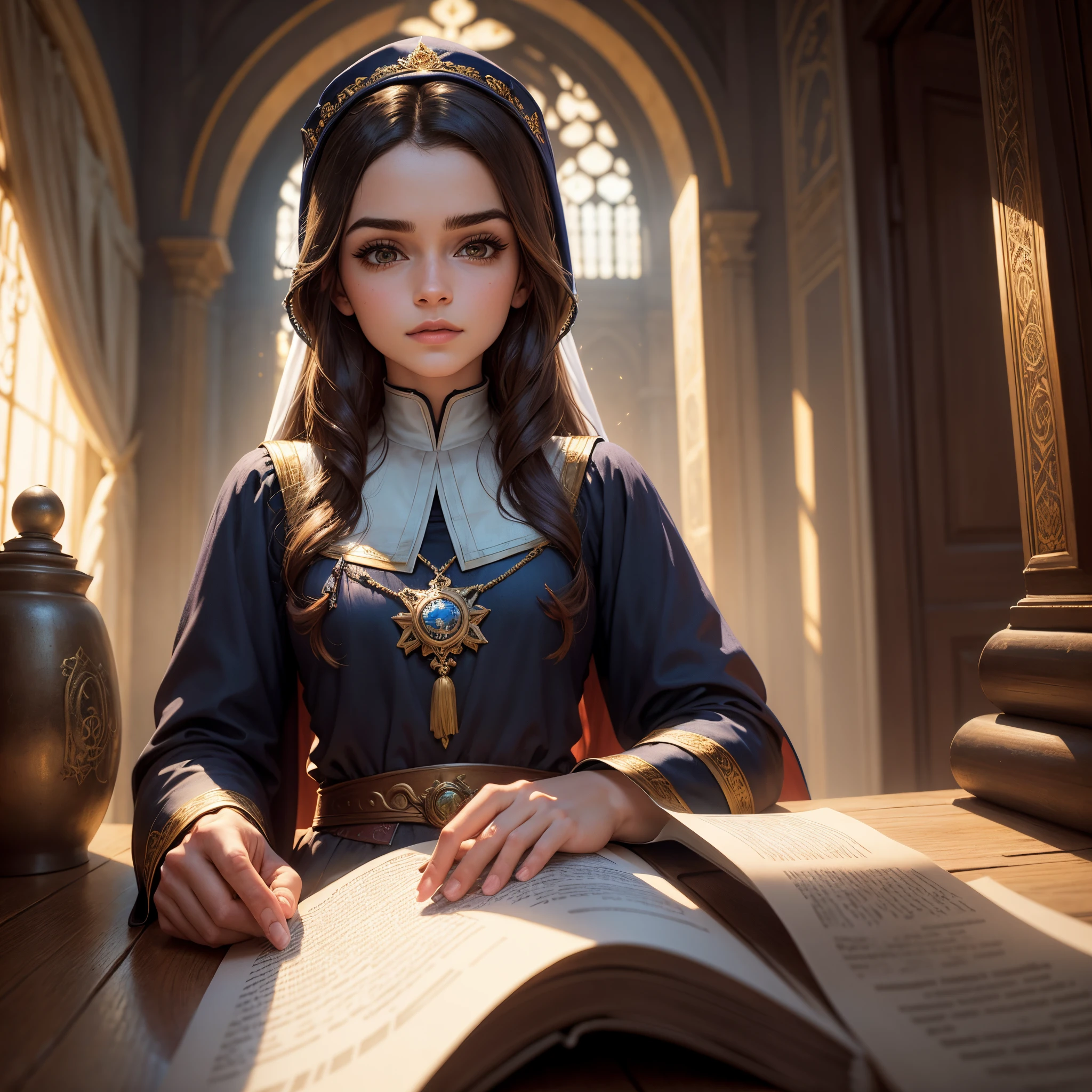 there is a man sitting at a desk with a laptop, arte promocional, brilho santo, imagem promocional do filme, arte chave, Karol Bak de Emma Watson Nun, she is arriving heaven, temples behind her, brilho celestial, foto do perfil, luz celestial, holy themed, Arte Oficial, com as pessoas assistindo maravilhadas, Maya Ali Feiticeiro, fanart oficial