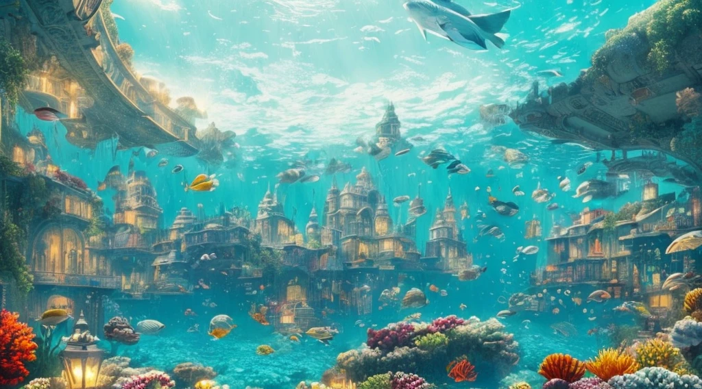 A romantic postcard of an underwater city, Super artistic texture quality,White print border,(Best quality at best,4K,8K,A high resolution,tmasterpiece:1.2),ultra - detailed,Super refined,Ultra-complex,groceries style