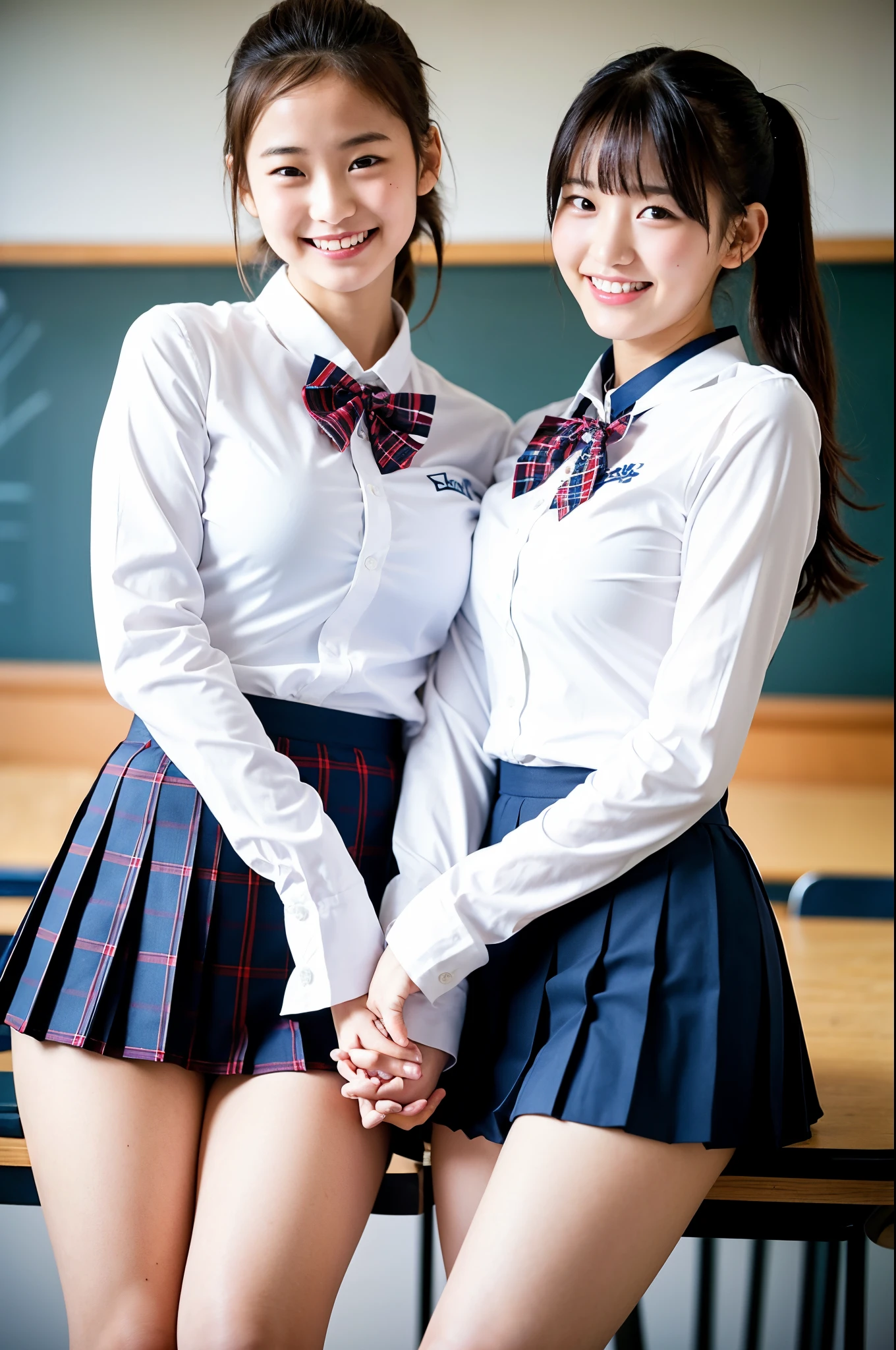 girls in school classroom,long-sleeved white swimsuit with navy blue plaid pleated skirt,red bow tie,18-year-old,bangs,a little smiles,thighs,knees,crotch,low ponytail,from below