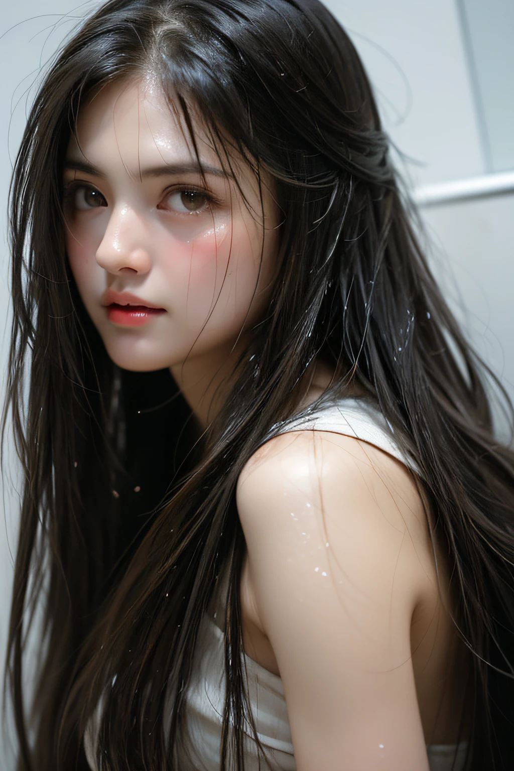 in bathroom,Wet pubic hair,Charming eyes,Heartwarming action,Turn your face away from the camera,stooped,Bend over,turn back,Look up at your head ,thick long hair,Highly detailed body,Highly detailed face,best qualtiy,