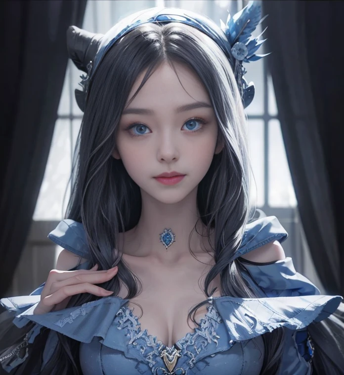 blue long hair,Nice face,duration,Heterochromatic pupil,ssmile,apathy,Gini Coefficient,fully body photo,large hat