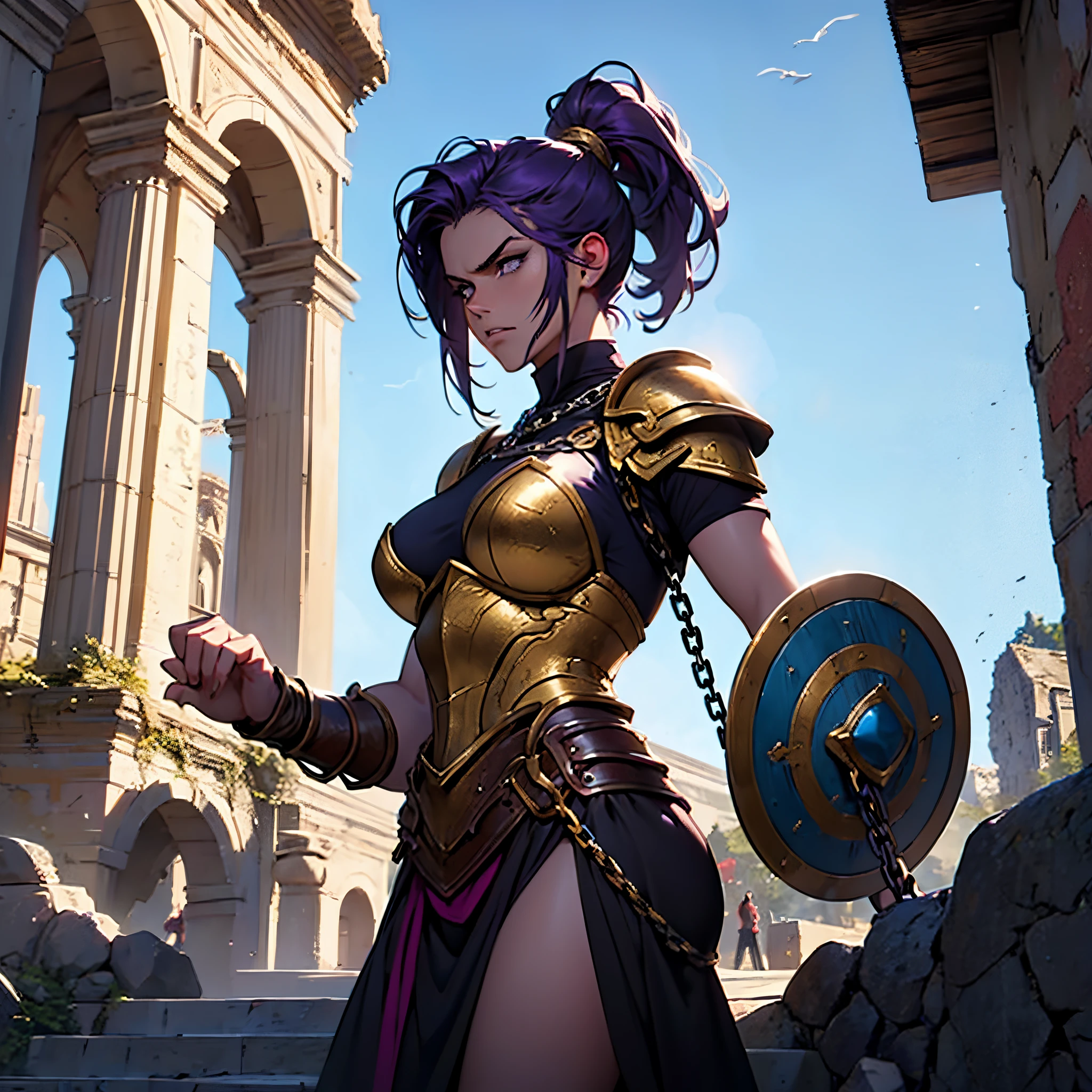 ​masterpiece, Best Quality, detailed, person upper body, Cinematics, 4k, Background with:Colosseum without people, Large female slave warrior with purple ponytail, Angry Face, golden armor, Holding a circular shield and chained to a giant chain