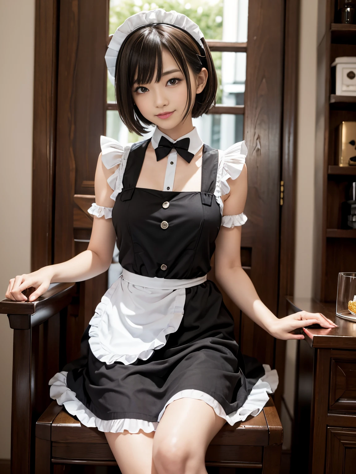 ​masterpiece、ultra-detailliert、8K、Awesome、short hair and black maid outfit、Maid Cafe、smil、Sitting on a chair、legs crossed