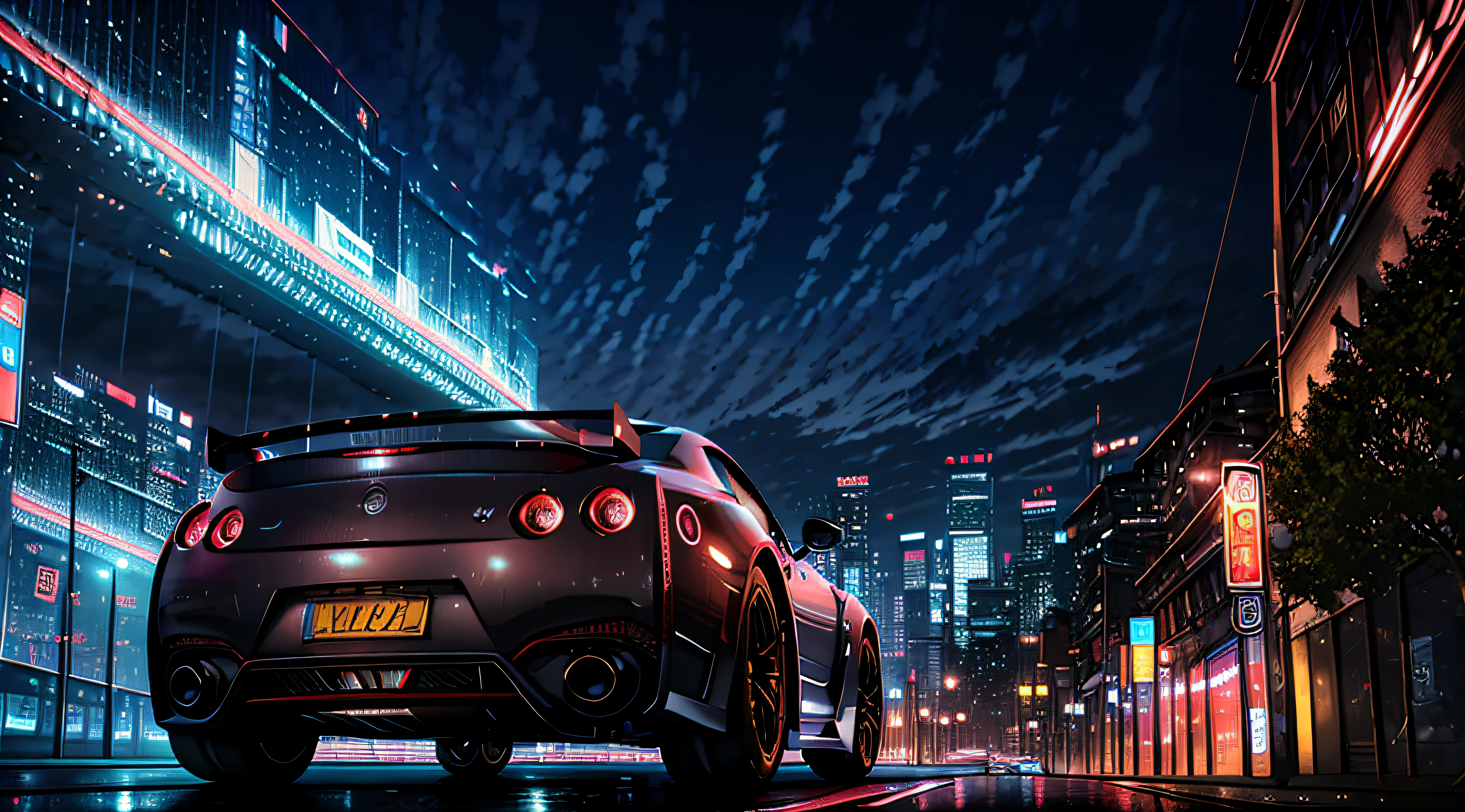 Meisterwerk, best quality, Offizielle Kunst, extrem detailliertes 8k-CG-Unit-Hintergrundbild, Illustration, Cyberpunk City voller Neonschilder, Nacht, in the spring, cloudy, Himmel, beautiful detailed sky, Licht, Offizielle Kunst, Extrem detailliertes 8K-Unit-Hintergrundbild, Illustration, Nacht, in the spring, cloudy, Himmel, beautiful detailed sky, Licht, 1 Auto, (Auto: 1), Kraftfahrzeug, Landfahrzeug, Sportwagen, Nissan, GTR, rotes Auto, Horizontlinie R34, Fahrzeug-Fokus, road, Need for speed, verschieben, nass,