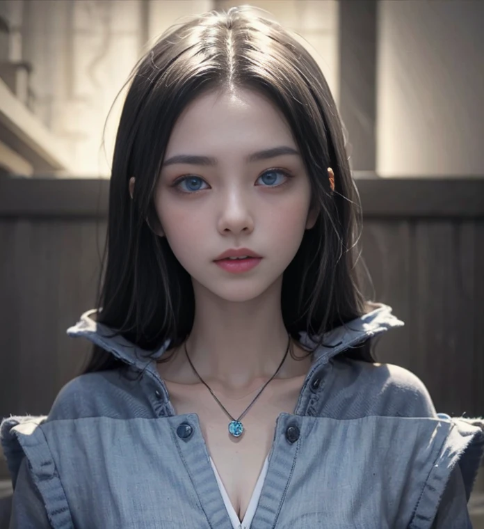 blue long hair，Nice face，choker necklace，Heterochromatic pupil，Gini Coefficient，Full body photo，Big-breasted girl，Cardigan